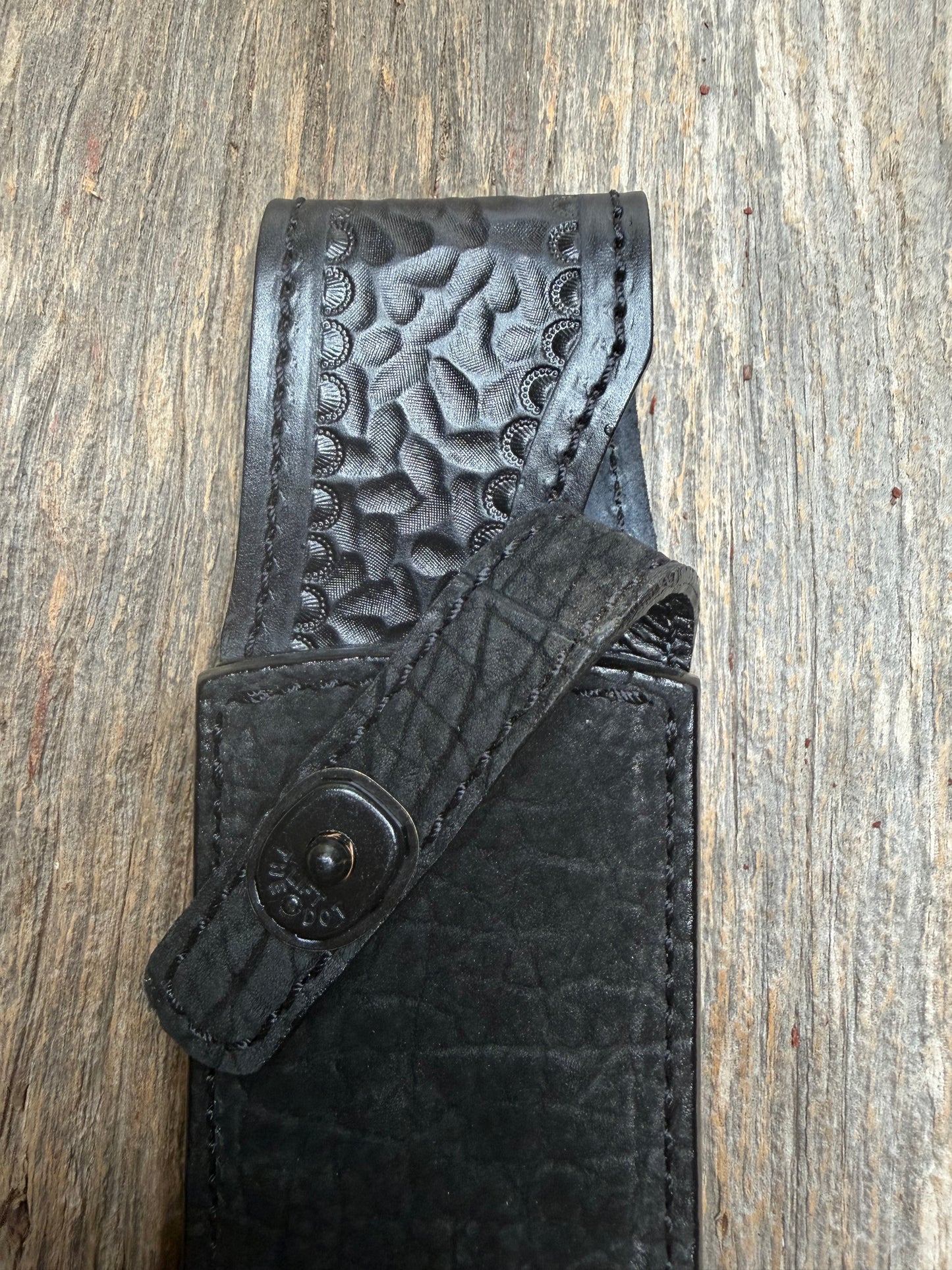 Randall Model Clinton Special in Black Hippo, forward curved hilt, black Canteen Snap, full brass stamping and stitching.