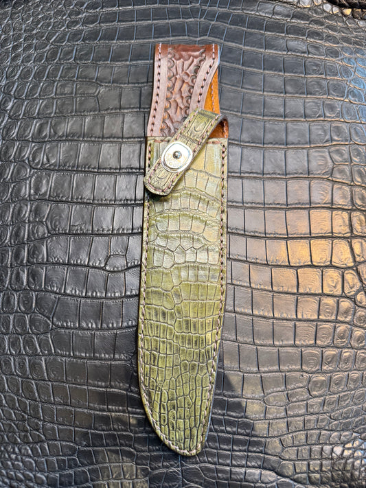 Randall Model 1-8 in Army Green Crocodile. Straight hilt, Canteen Snap, full brass stamping and stitching.