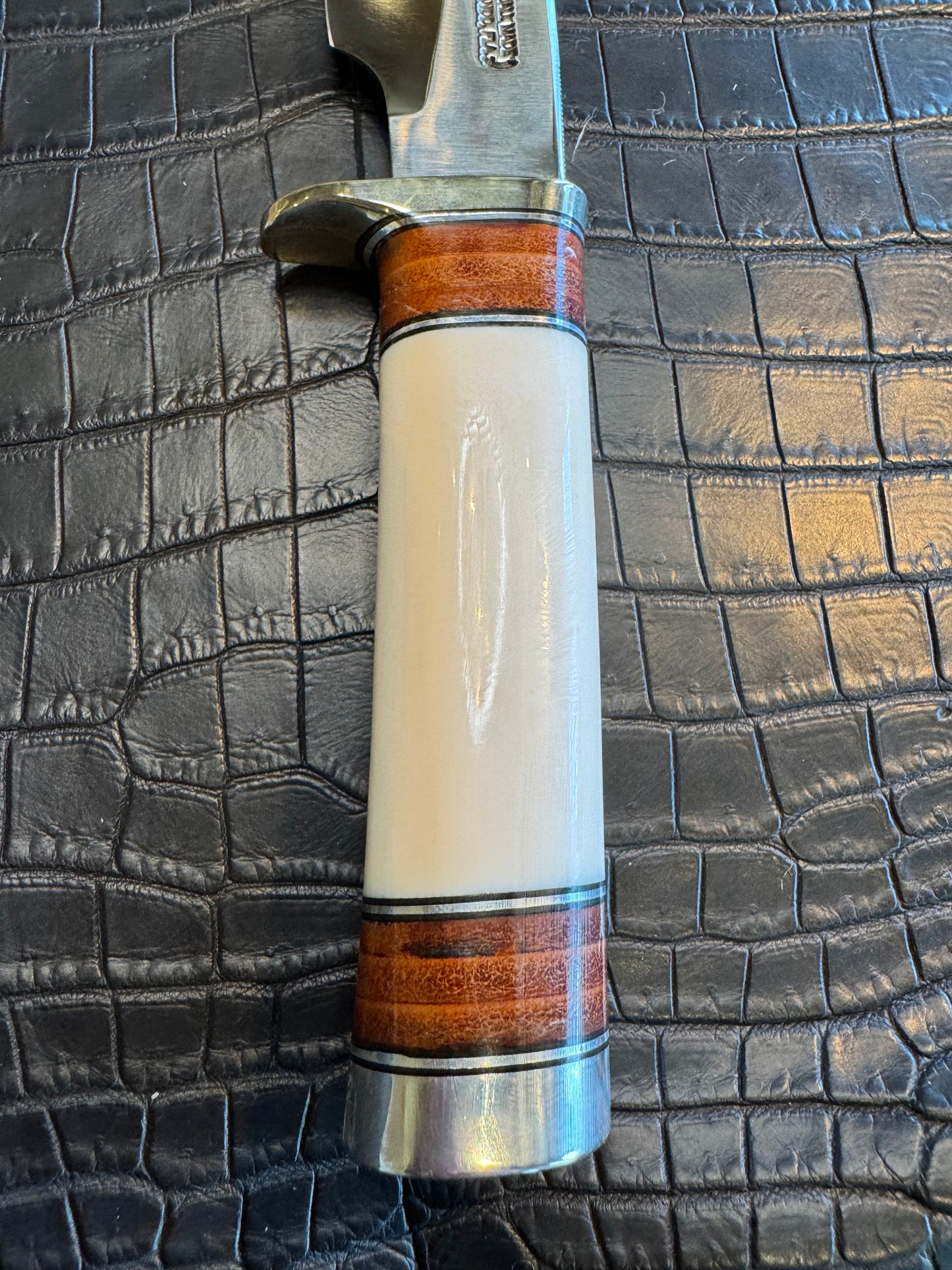 Randall Model 25-6 in Elephant Ivory with stacked Leather, Nickel Silver Hilt and Aluminum Butt cap. Flawless.