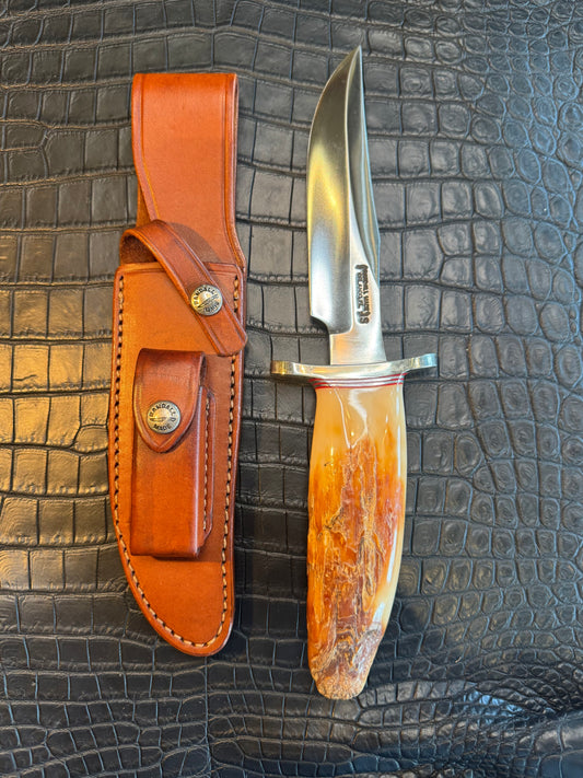 Randall Model 12-6 in a gorgeous Fossil Walrus Ivory Artifact. This was an Ivory Ice Ax Chisel originally. Nickel Silver Hilt and natural Ax end