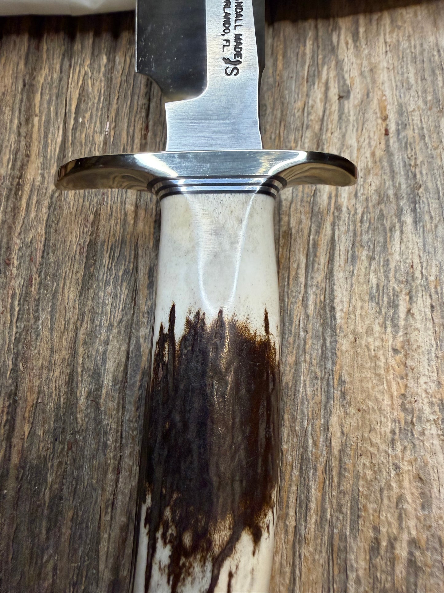New in Paper Randall Made Knife Model 1-8 Stag , Stainless, Black and Aluminum  spacers, Nickel Hilt.