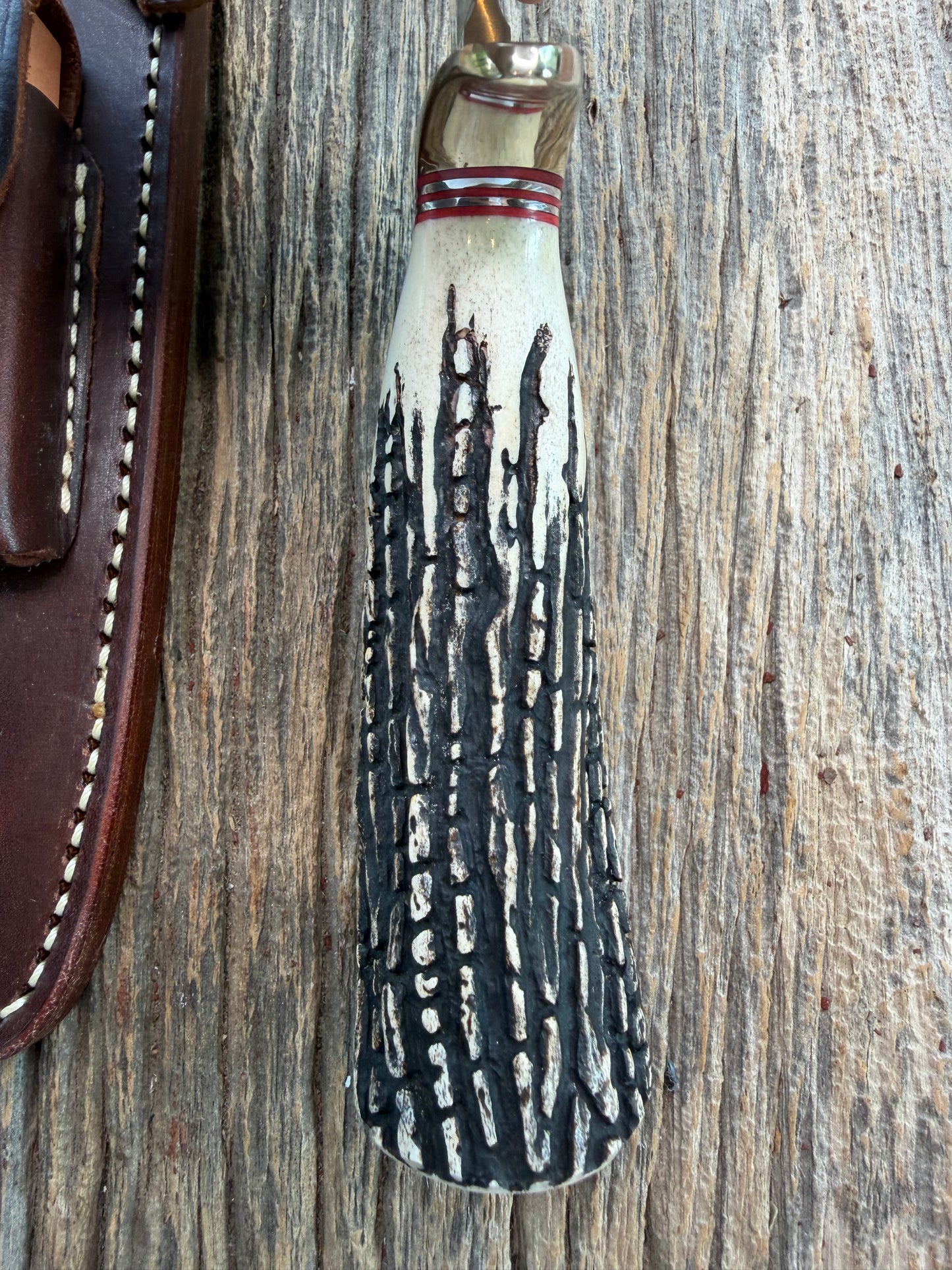 Randall Model 1-7 Popcorn Stag Stainless Nickel Silver Hilt Natural end Red and Aluminum Spacers