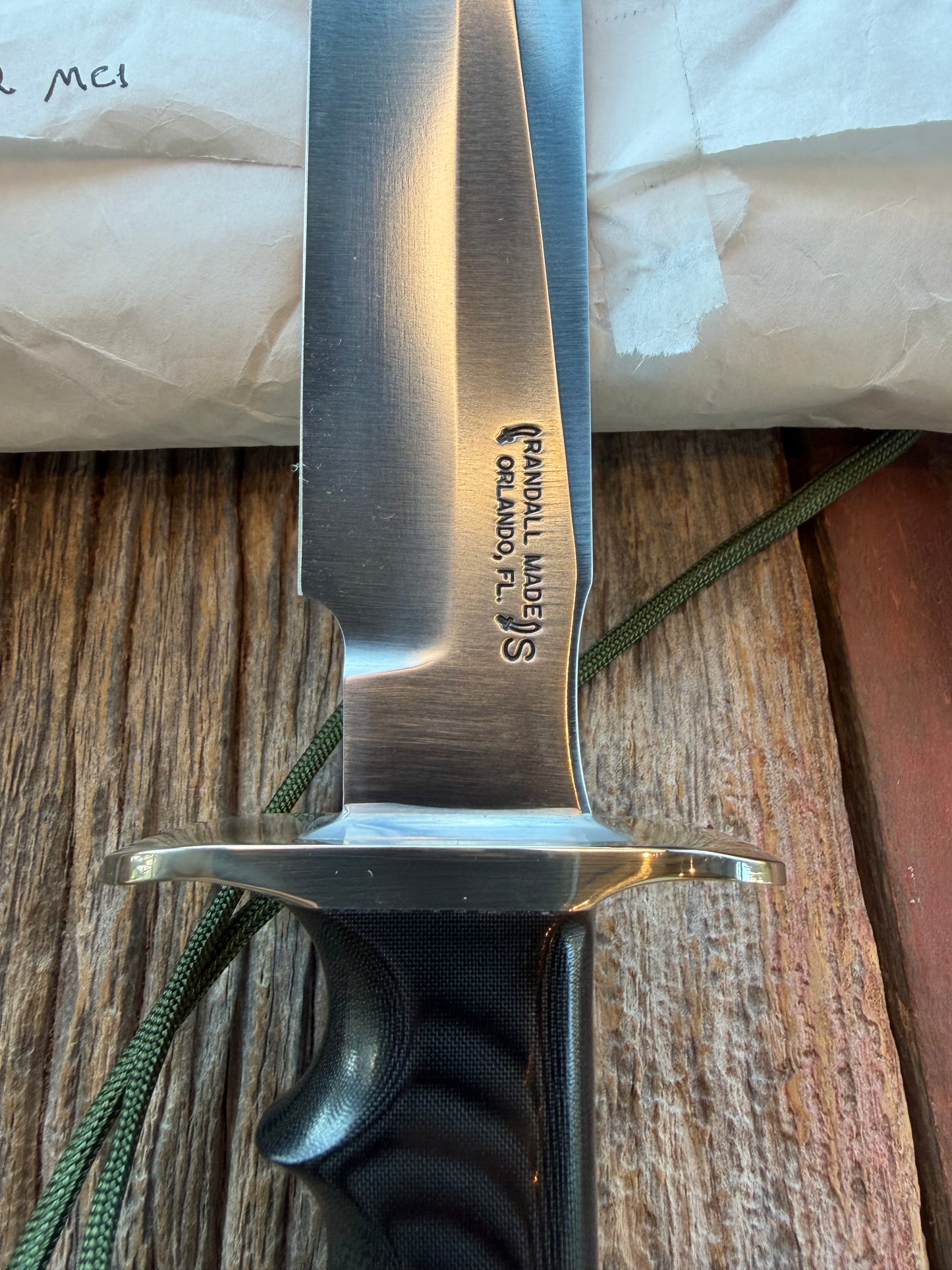 New in Paper Randall Model 16 SP#1 Special fighter with a Black Micarta handle. SS blade, Nickel silver hilt. Lanyard. Brown leather sheath.