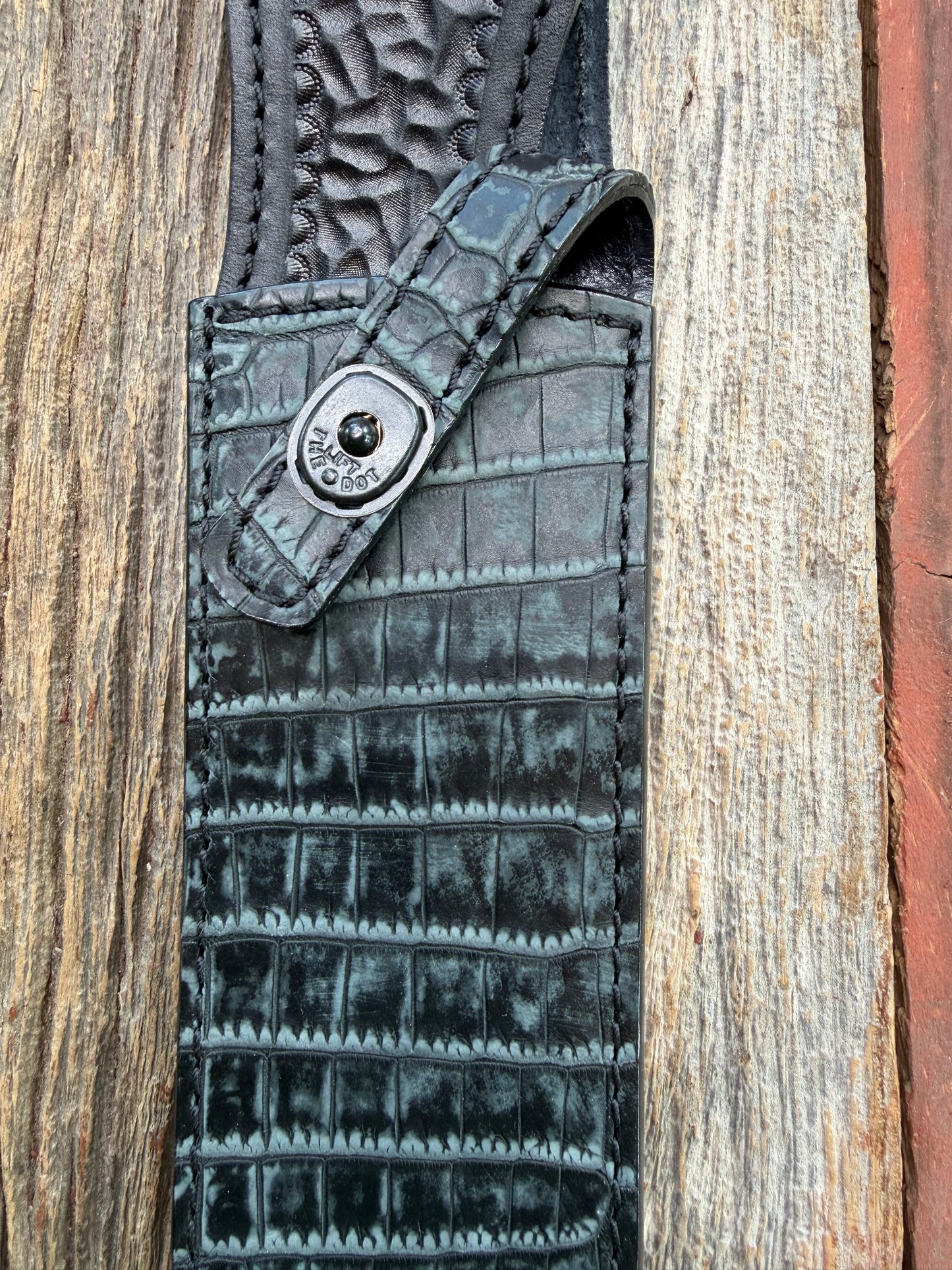 New Randall Model 12-9 Sheath in Exotic Black/Grey Matte Crocodile from Treeman with the newest Black Canteen snap.