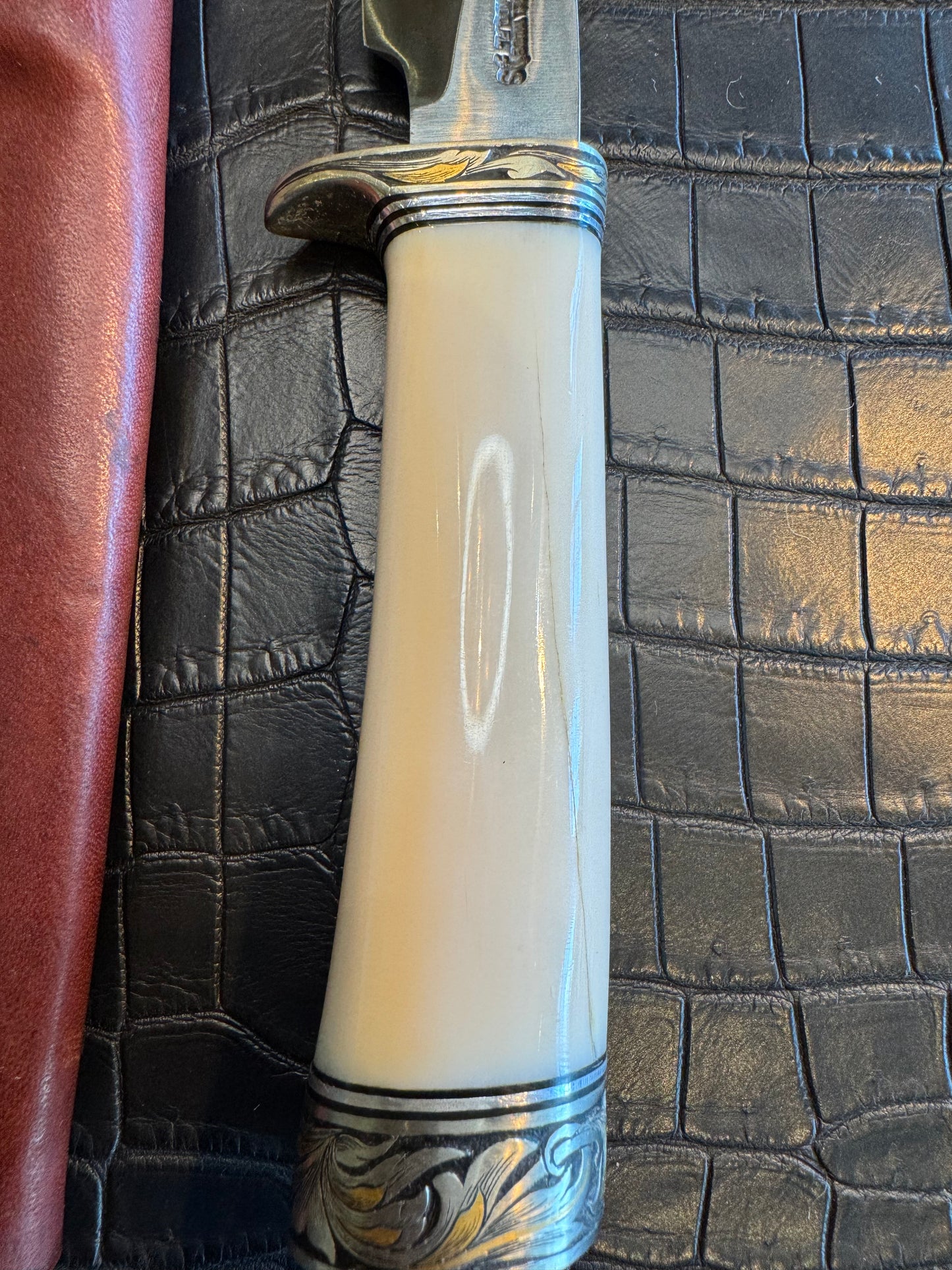 Randall Model 26 in Elephant Ivory, Gold and Silver Engraved, Nickel Silver Single Hilt and Butt cap fully engraved.