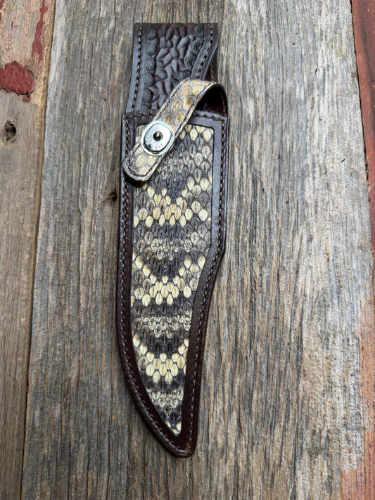 Randall Model 12-8 sheath with an Eastern Diamondback RattleSnake skin from Treeman Sheaths. Hand tooled belt loop, canteen snap. Vibrant colors and one of the hardest skins to source.