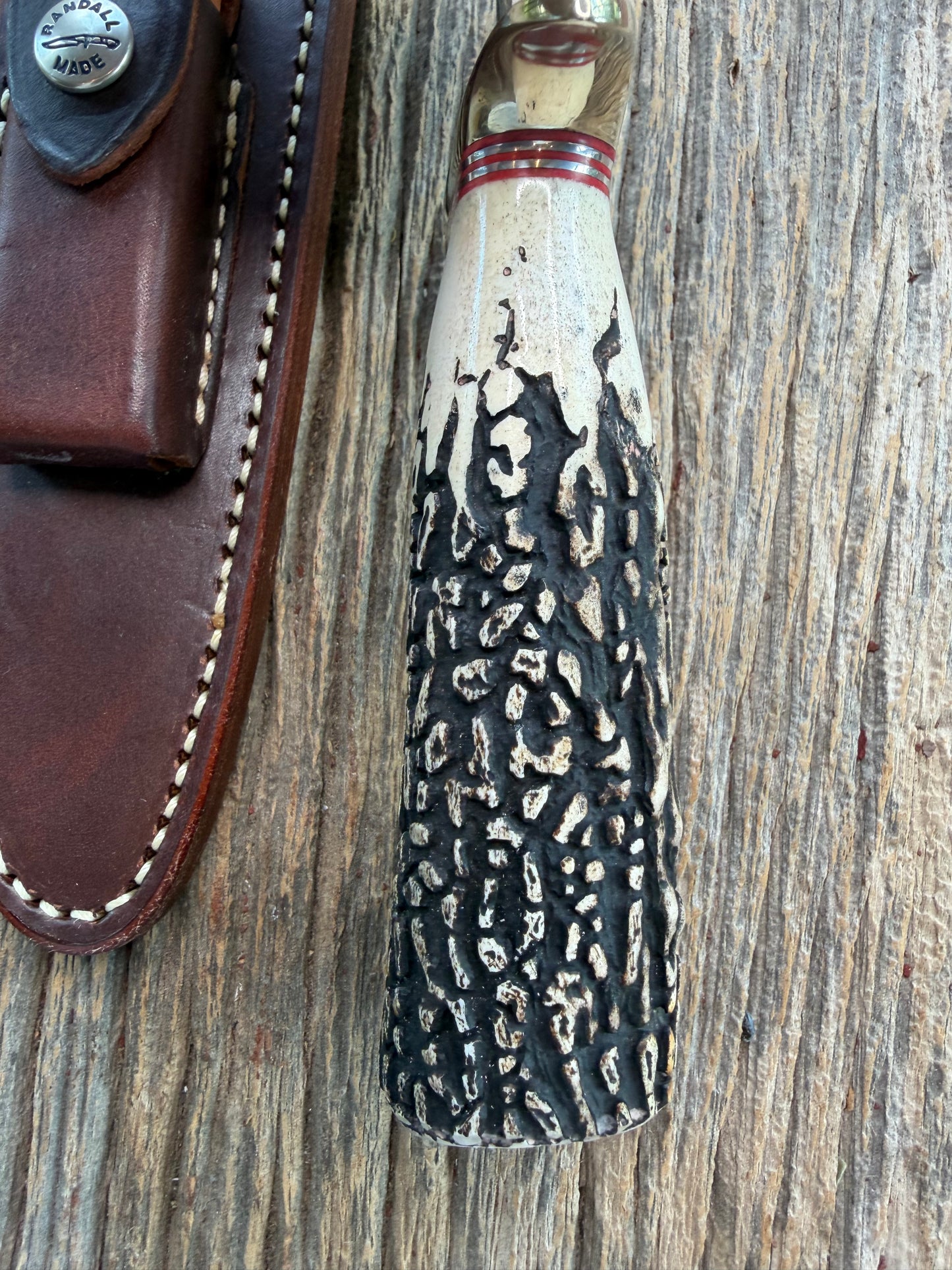 Randall Model 1-7 Popcorn Stag Stainless Nickel Silver Hilt Natural end Red and Aluminum Spacers