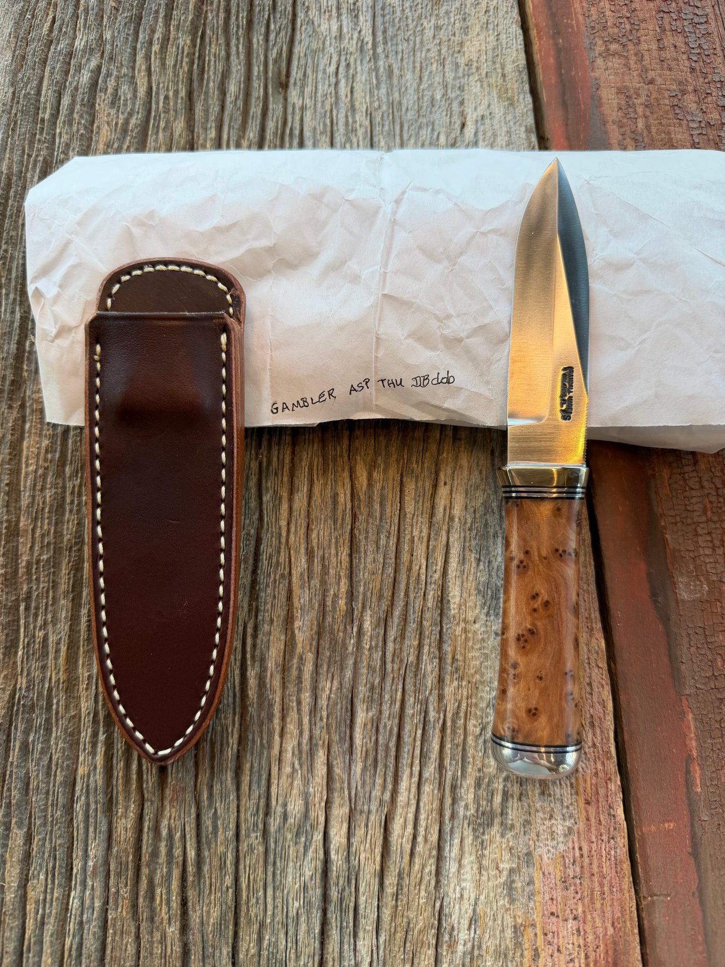 New in Paper Randall Model “Gambler” 4 Inch in Thuya Wood, Nickel hilt, Stainless, black and aluminum spacers.