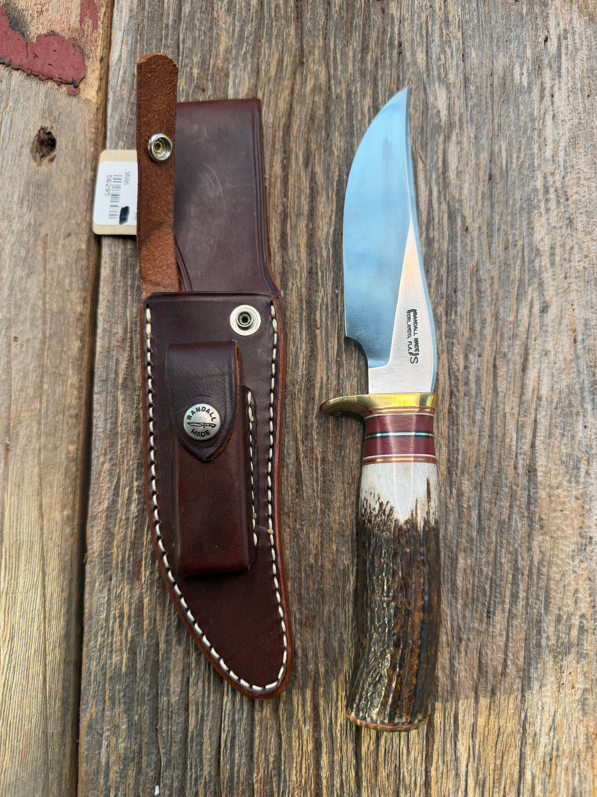 New Randall Made Knife Model 27-5 with a Stag handle, Stainless, brass single Hilt, red and aluminum spacers, loaded!!