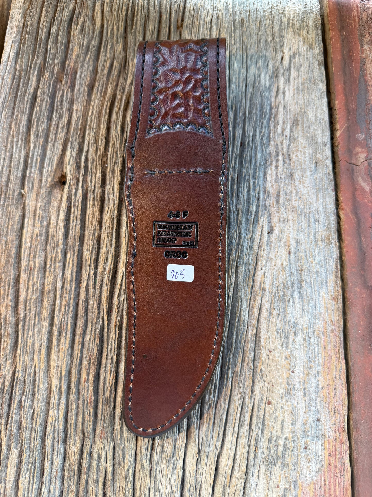 New Randall Model 4-6F Sheath in Exotic Dark Brown Sueded Crocodile from Treeman with the newest Black Canteen snap.