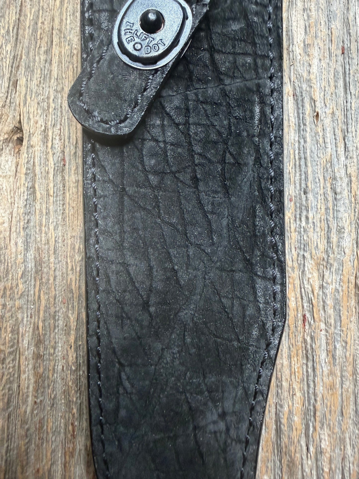 Randall Model Buxton Fighter in Black Hippo, forward curved hilt, black Canteen Snap, full brass stamping and stitching.