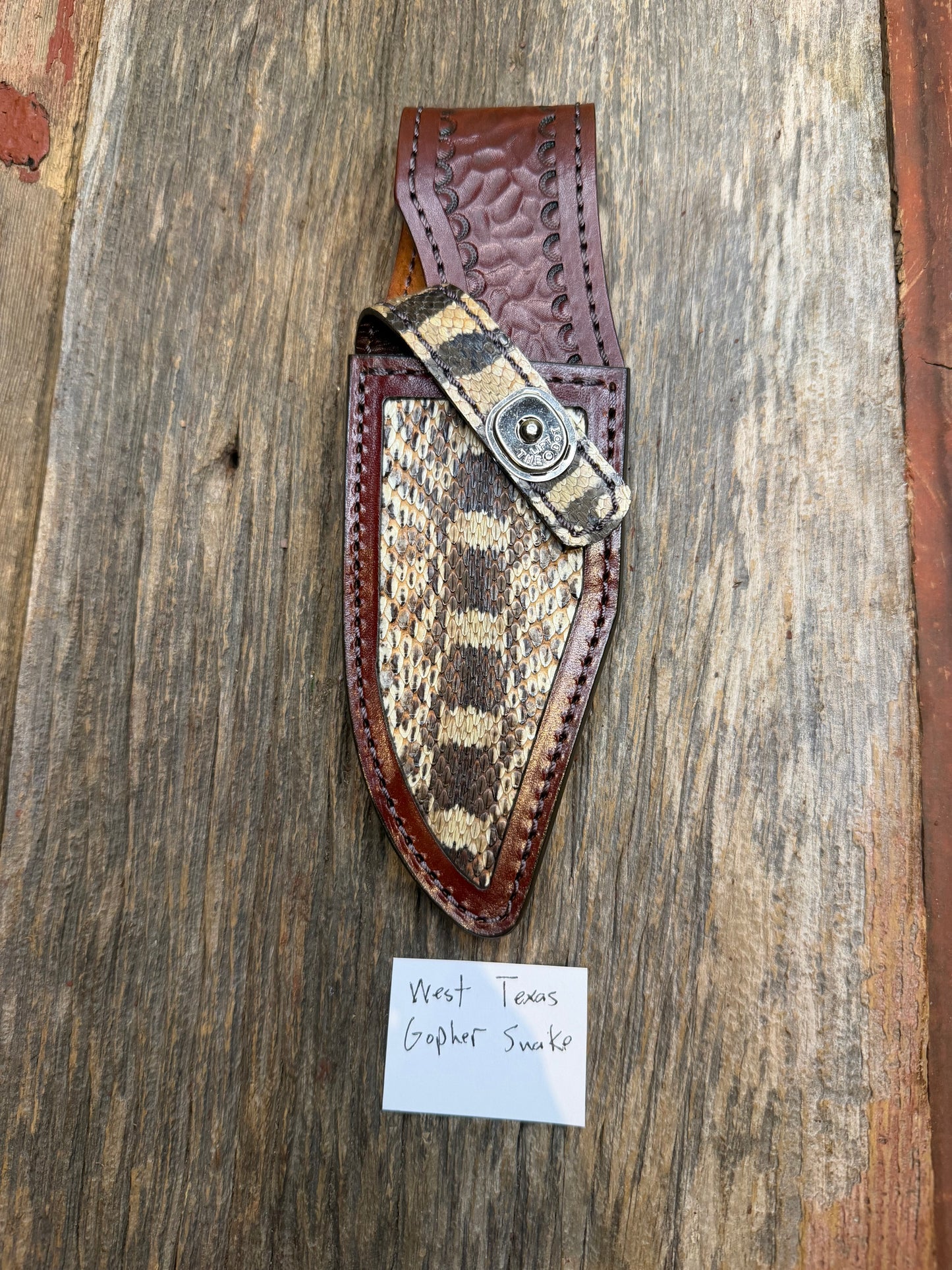 Randall Model 19-5 Sheath in Exotic West Texas Yellow Gopher Snake from Treeman Sheaths. Dark colors from the center of the skin, phenomenal.