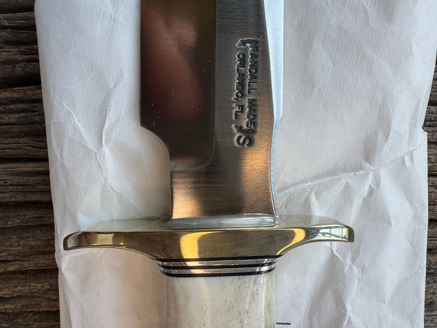 New in paper Randall Model 1-8 with shop Stag. Nickel silver Hilt and Aluminum Butt cap.