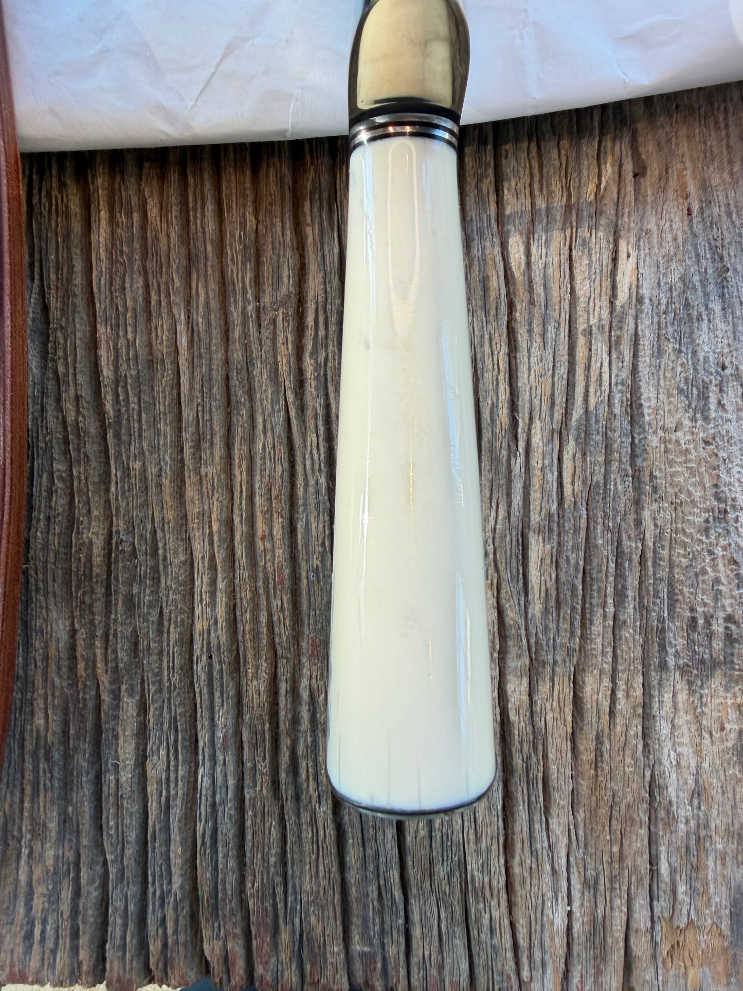 NOTE : Item is part of my personal Collection. Adding to cart will not result in sale. New in Paper Randall Model 12-11 Dealer Special Large Sasquatch Huge piece of Pearly White Fossil walrus Ivory, Finger Groves , # 1120 Nickel Silver Hilt and butt cap.