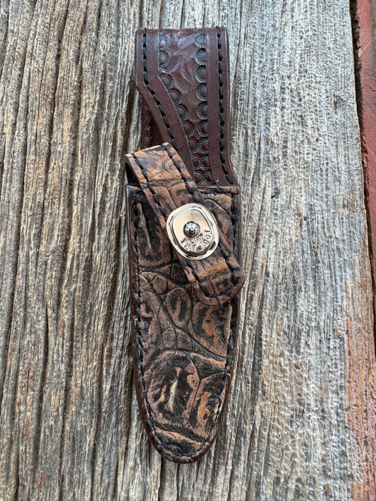 Randall Model 8-4 Sheath in Exotic Brown Sueded Crocodile from Treeman.