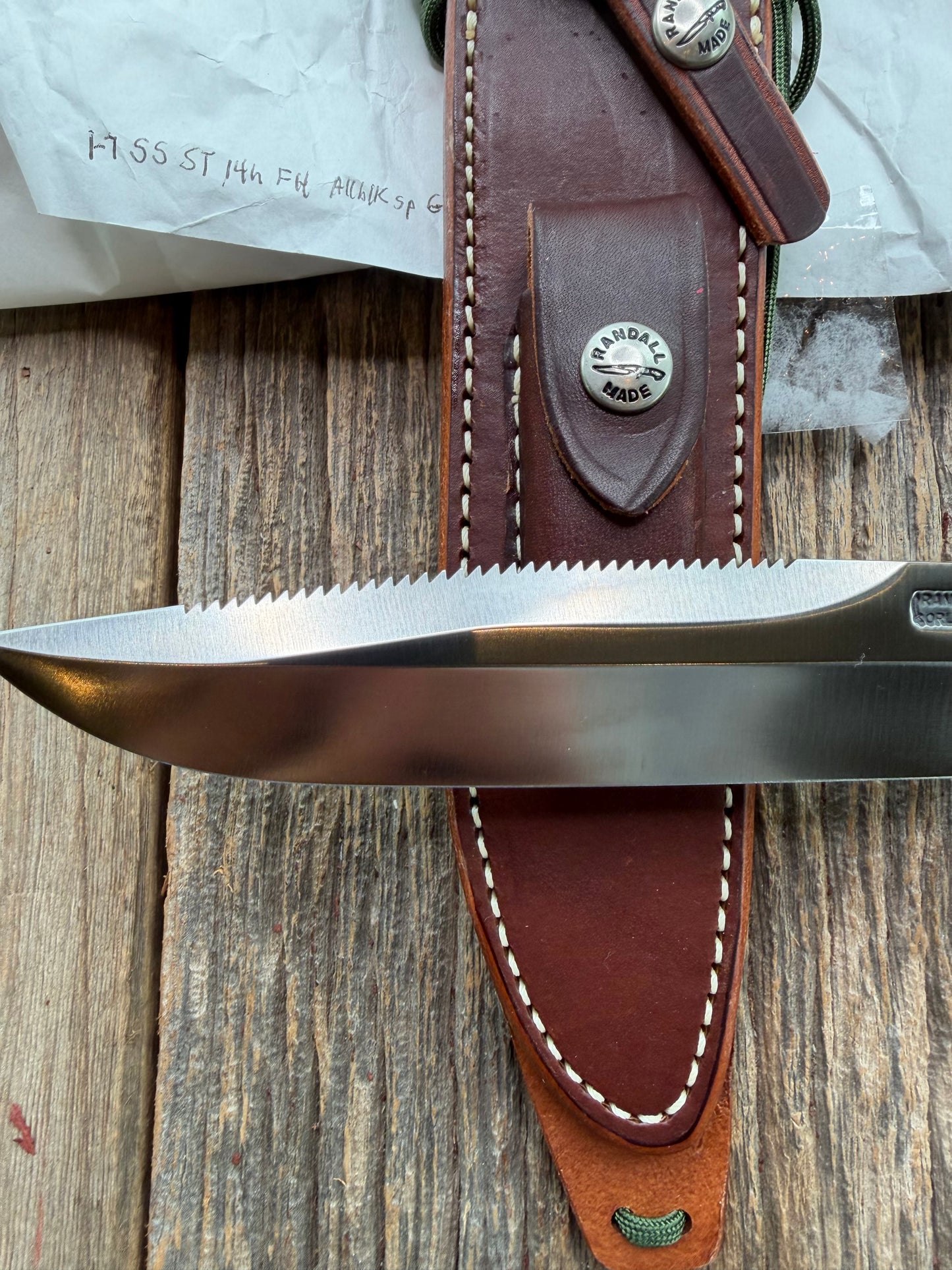 New in Paper Randall Made Knife Model 1-7 Green Micarta handle, Stainless, brass Double Hilt, Brass Crows beak butt cap, lanyard, Sawteeth, single black spacer…loaded!!
