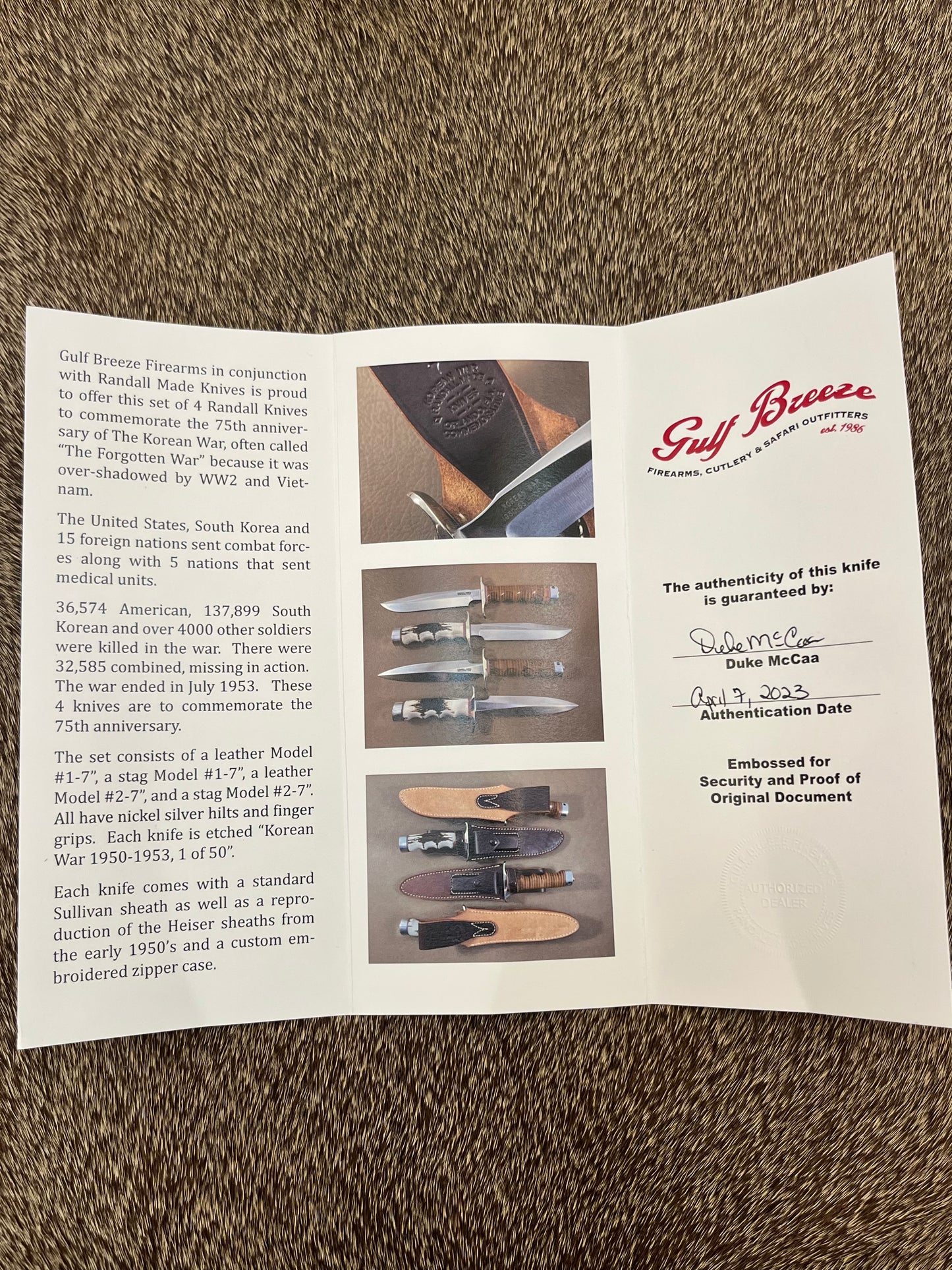 New in Paper Randall Knife Model 1-7 Korean War Commemorative 1 of 50 made Leather