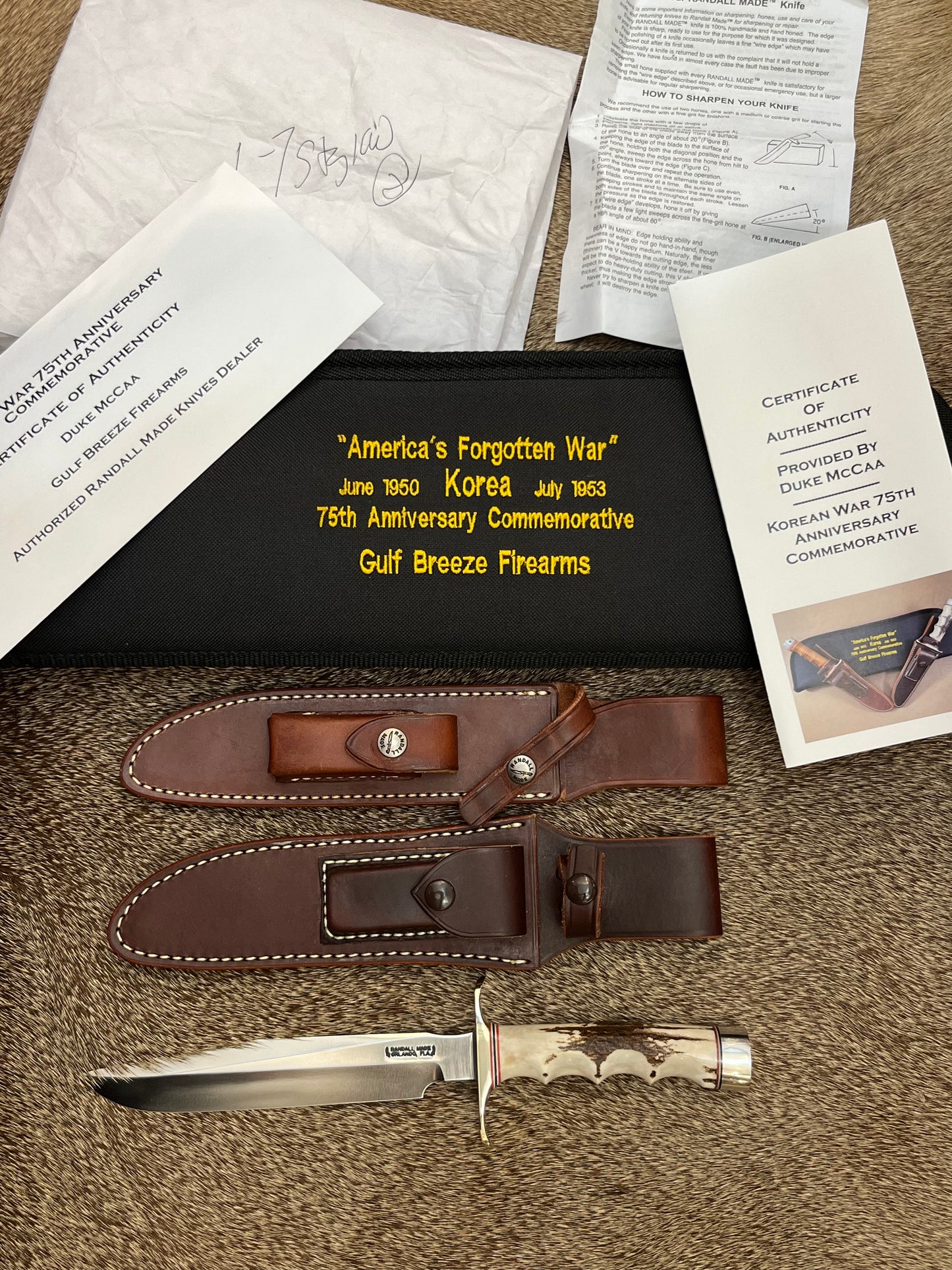 New in Paper Randall Knife Model 1-7 Korean War 75th Anniversary Commemorative 1 of 50 made, Stag finger grooves.