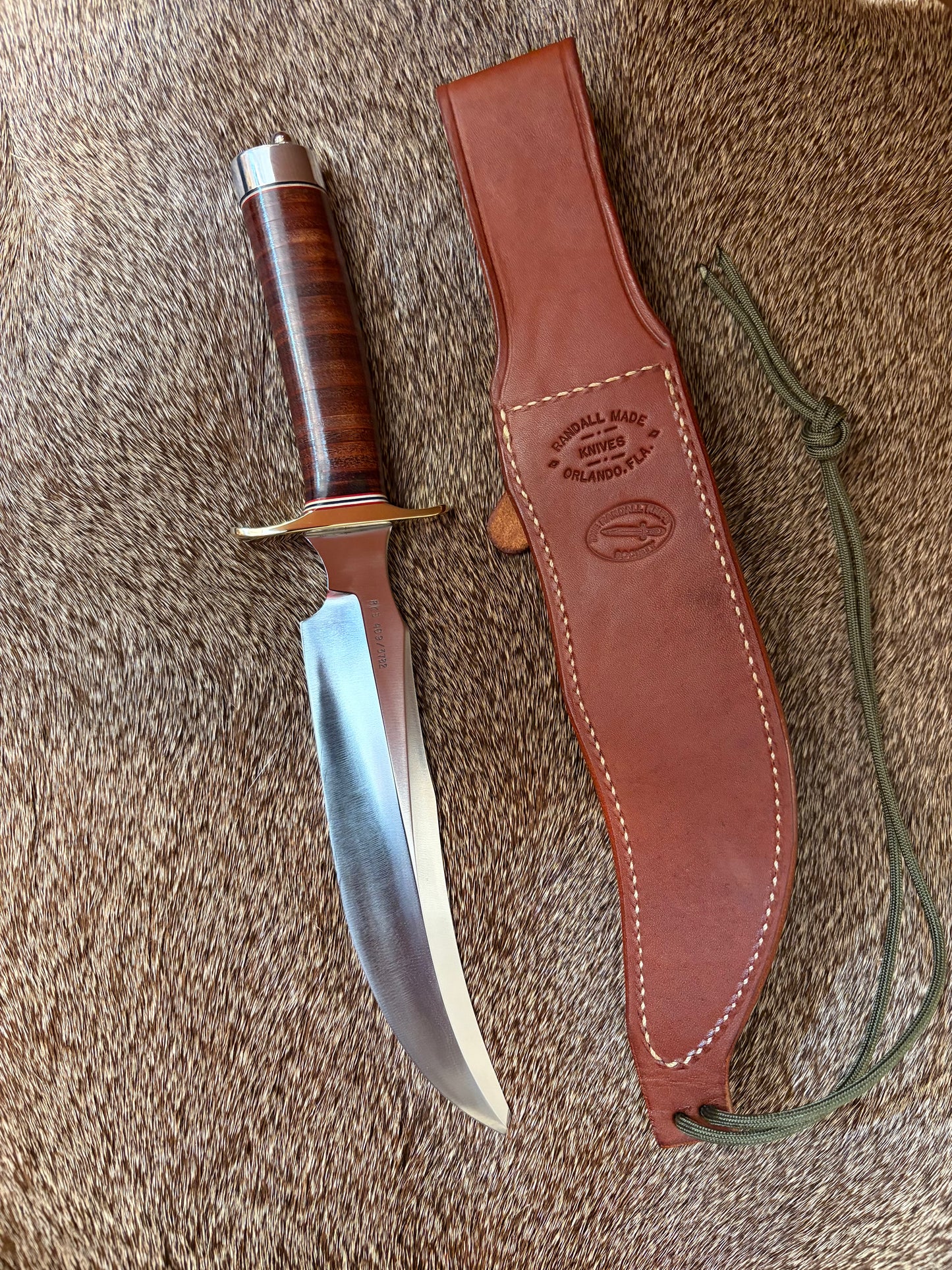 Model 4-8” Randall Knife Society Fighter, designed after a WWII Fighter, only 384 in Leather