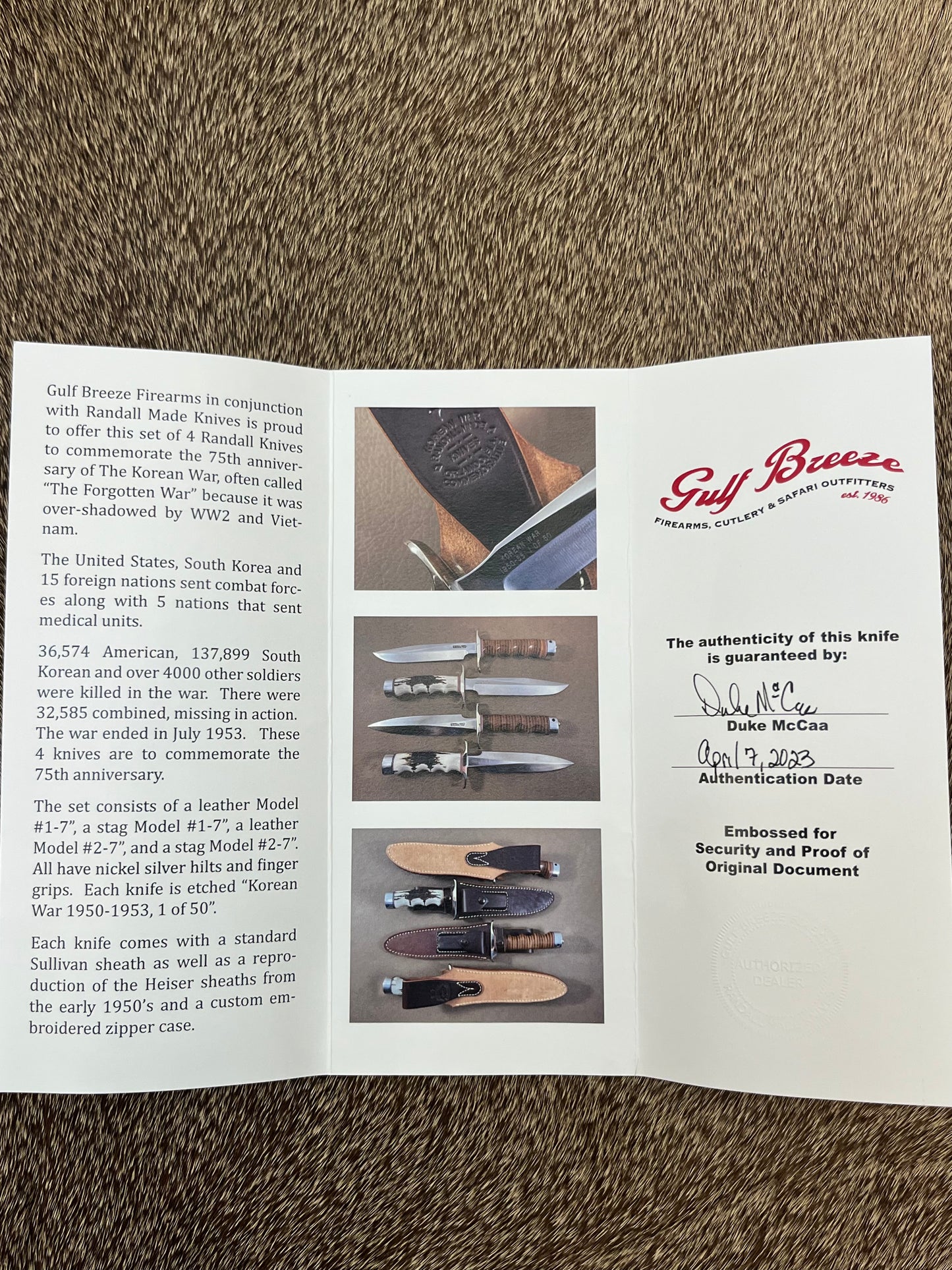 New in Paper Randall Knife Model 1-7 Korean War 75th Anniversary Commemorative 1 of 50 made, Stag finger grooves.