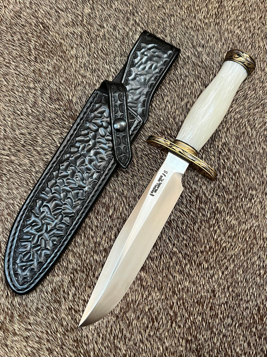 Model 1-7” All Purpose Fighting Knife, Engraved by Master Engraver Jere Davidson with Fine Silver Inlays, comes with Custom Black Leather Tooled Gutcher Sheath