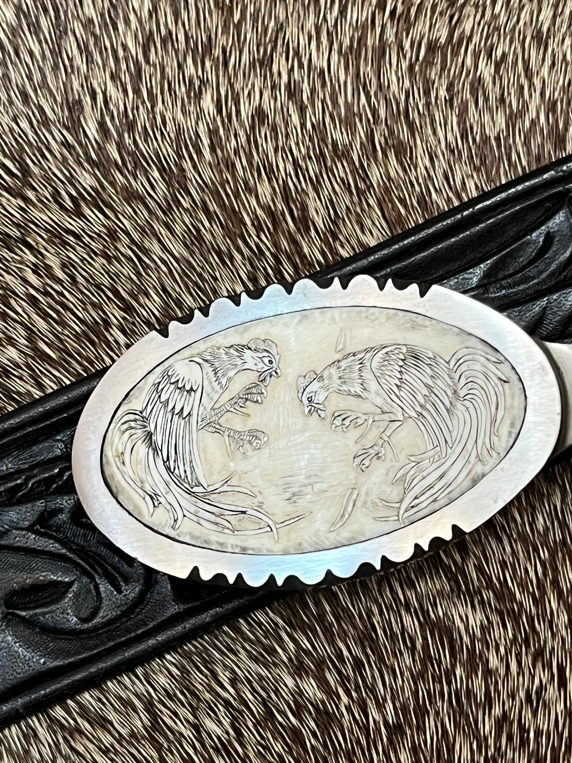 Jimmy Lile Belt Buckle Knife Carved Ivory Fighting Rooster’s
