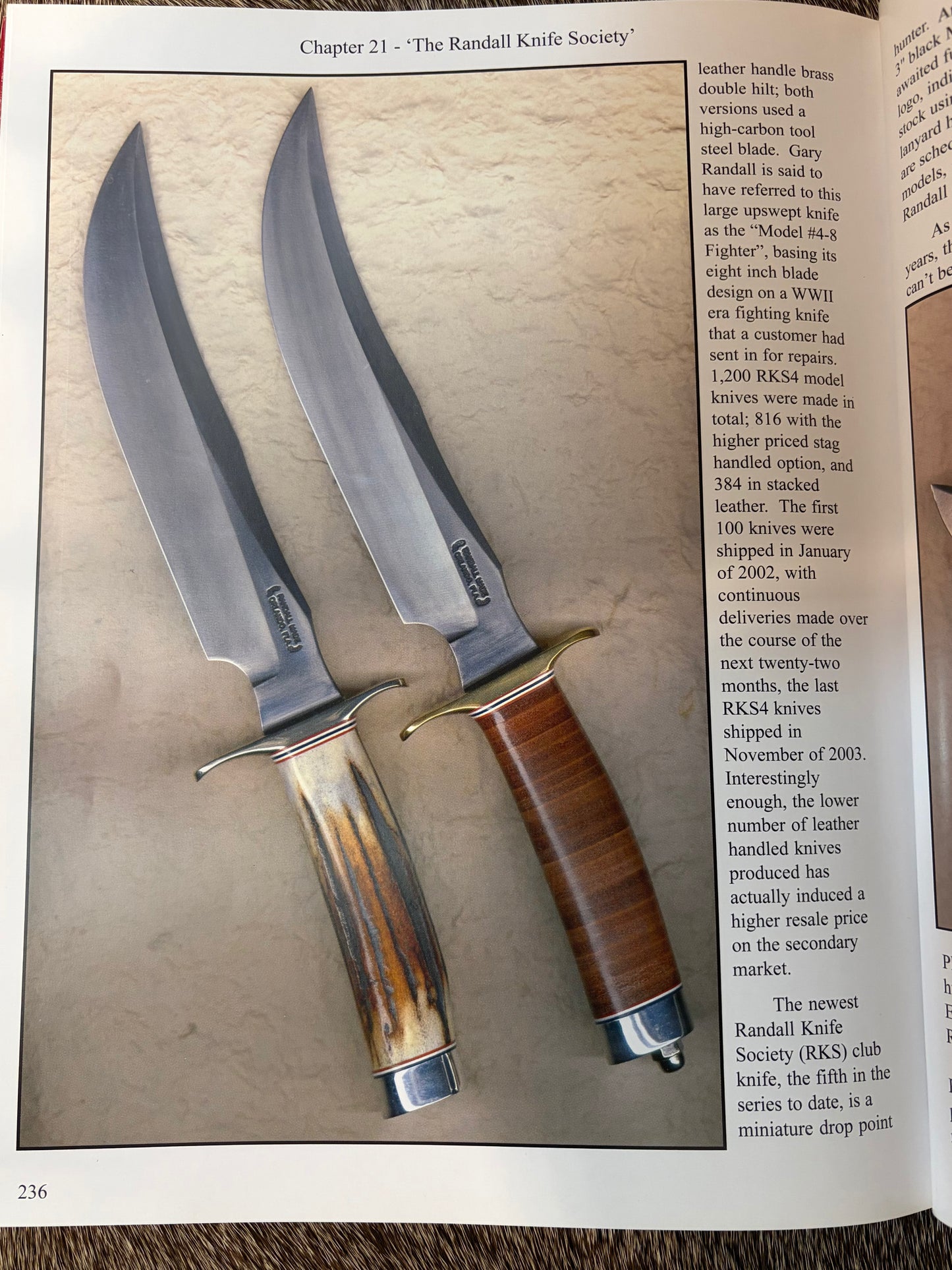 Model 4-8” Randall Knife Society Fighter, designed after a WWII Fighter, only 384 in Leather