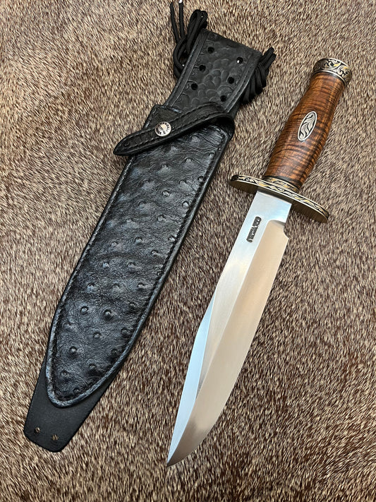 12-9” #14 Grind Sportsman Bowie, Engraved by Master Engraver Jere Davidson with Gold Inlays, Curly Koa Commando Handle and Custom Black Ostrich Gutcher Sheath