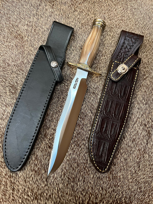 Model 1-8” All Purpose Fight Knife with saw and Brown Pearl Kirinite Handle Engraved Master Engraver Jere Davidson with Fine Silver Enlays