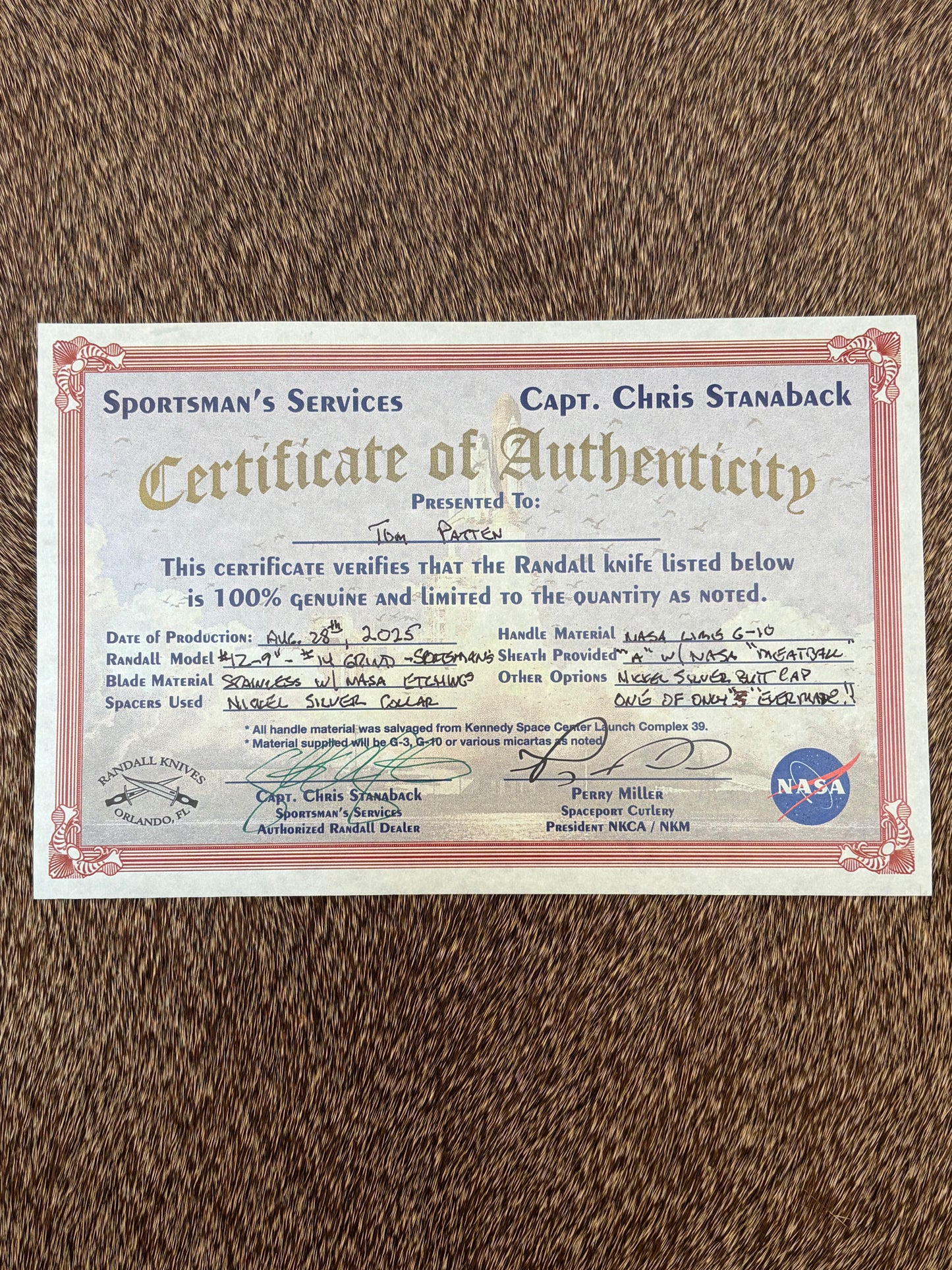 Randall Model 12-9” #14 Grind with NASA Lime G-10, NASA sheath and certificate. Rare bird!!