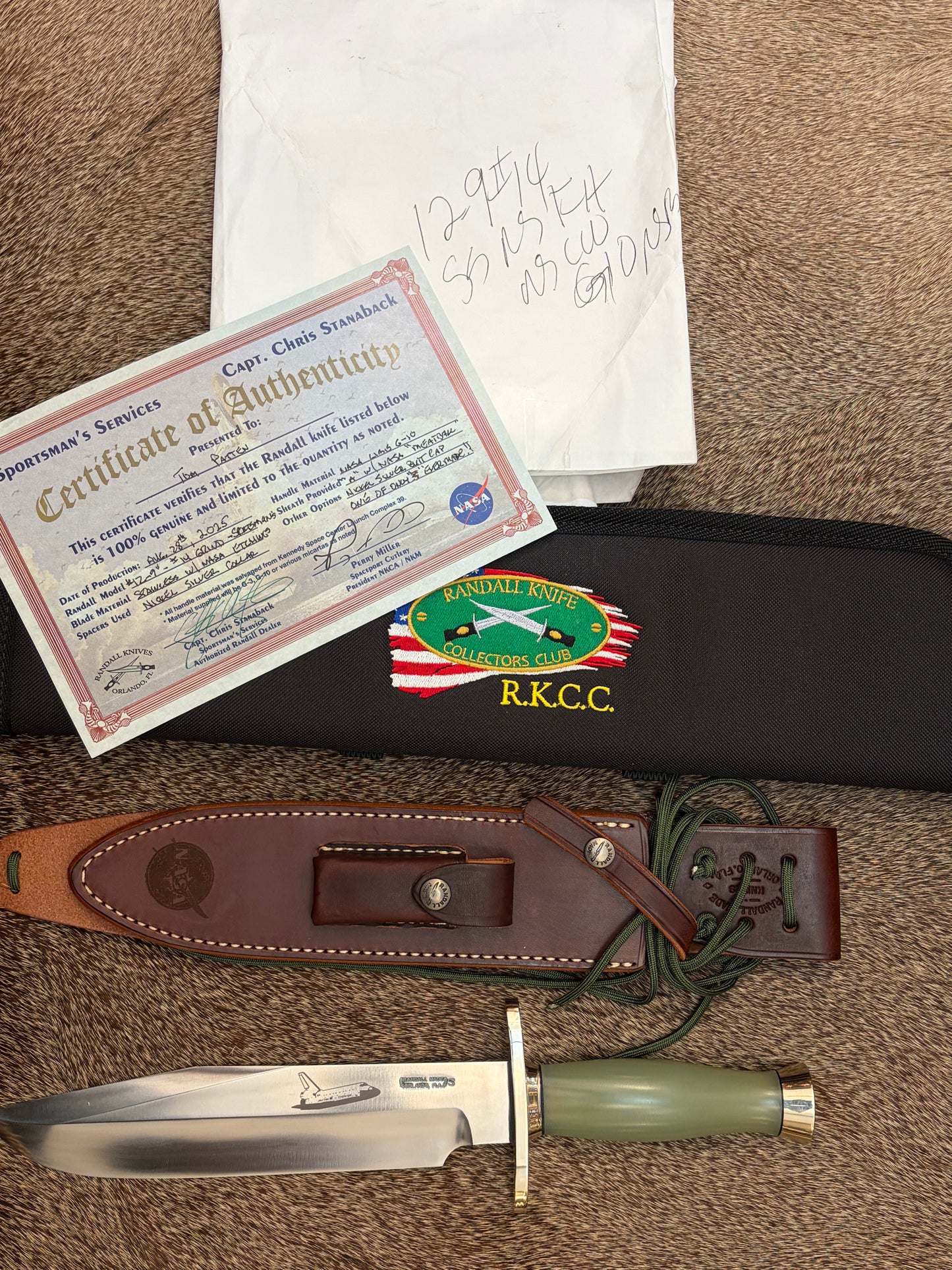 Randall Model 12-9” #14 Grind with NASA Lime G-10, NASA sheath and certificate. Rare bird!!
