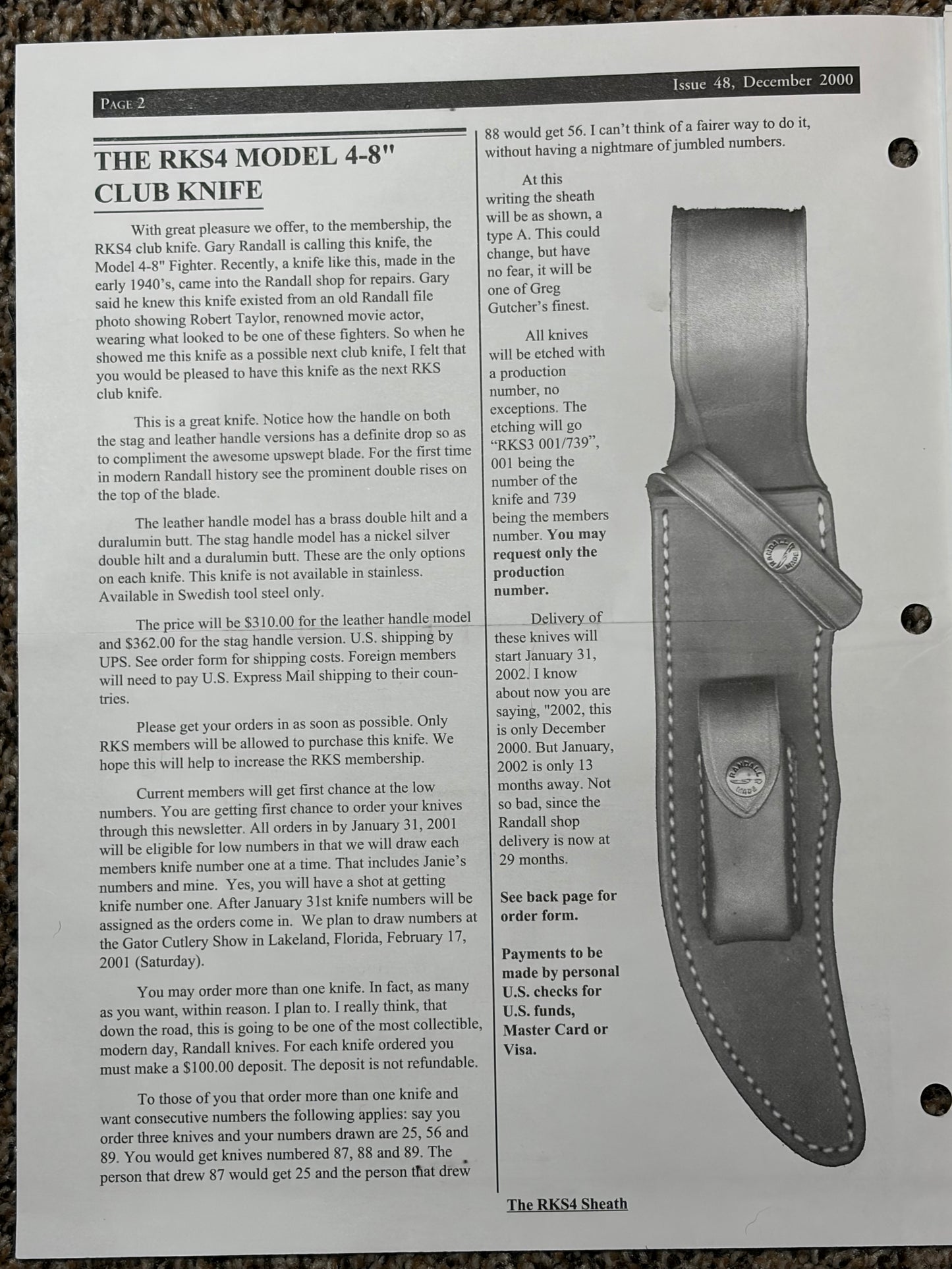 Model 4-8” Randall Knife Society Fighter, designed after a WWII Fighter, only 384 in Leather