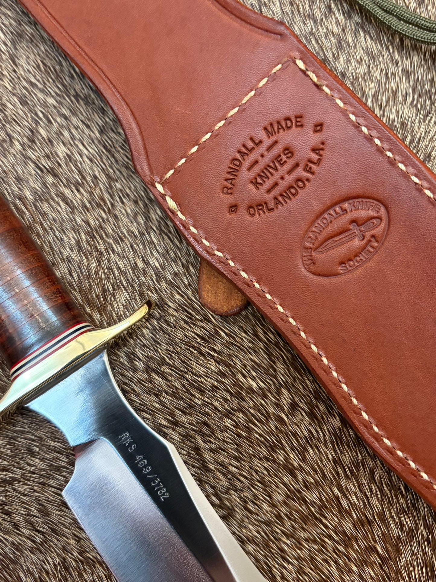 Model 4-8” Randall Knife Society Fighter, designed after a WWII Fighter, only 384 in Leather