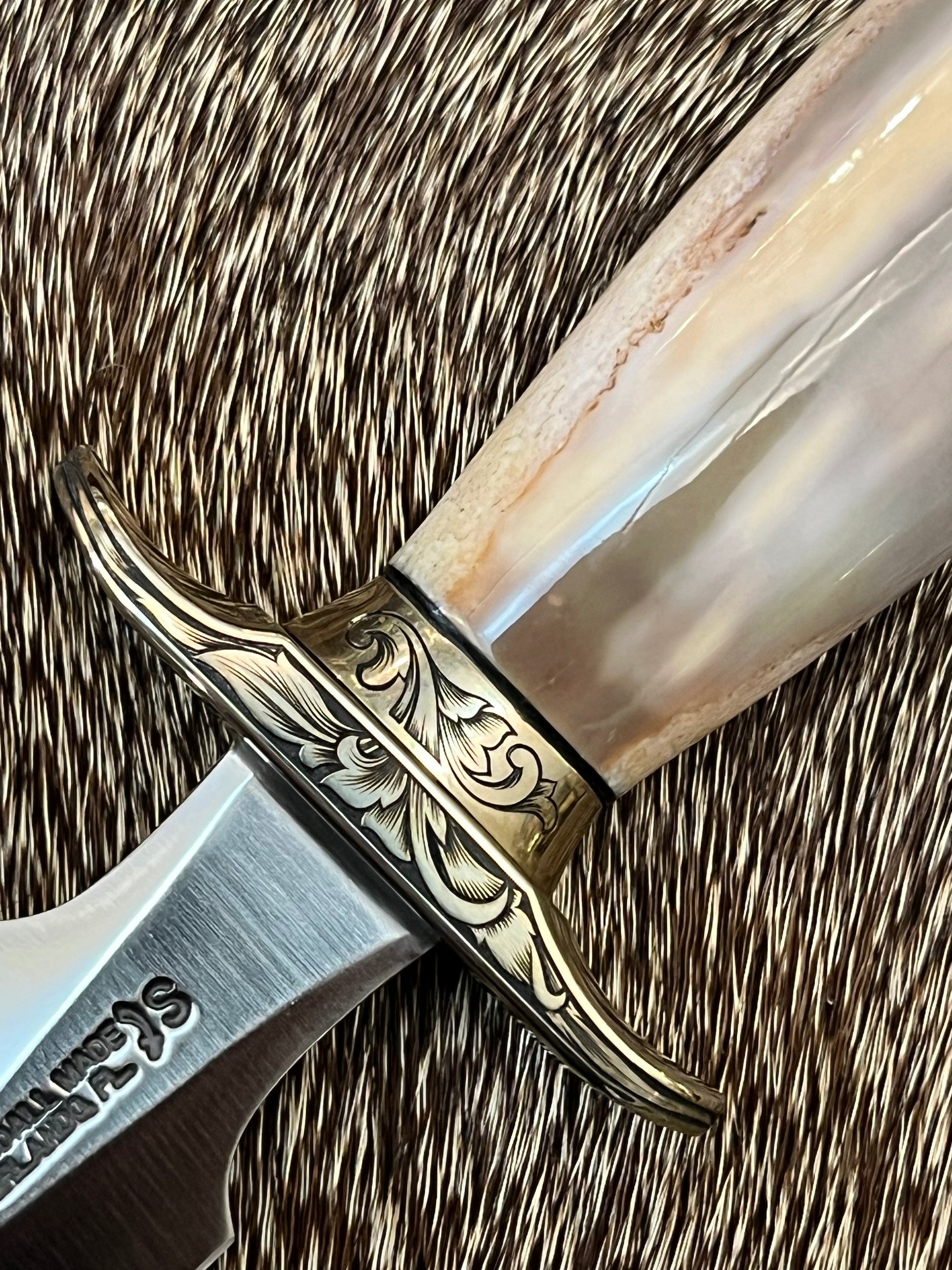 Model 2-5” Fossil Walrus with Custom Gutcher Sheath fully wrapped gloss brown crock, Engraving artist unknown, looks a lot like Ron Skaggs work