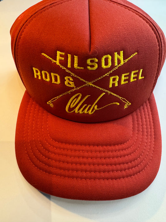 Filson Harvester Rod & Reel Club Fishing Hat Cap ~ Rust Red ~ SnapBack Trucker