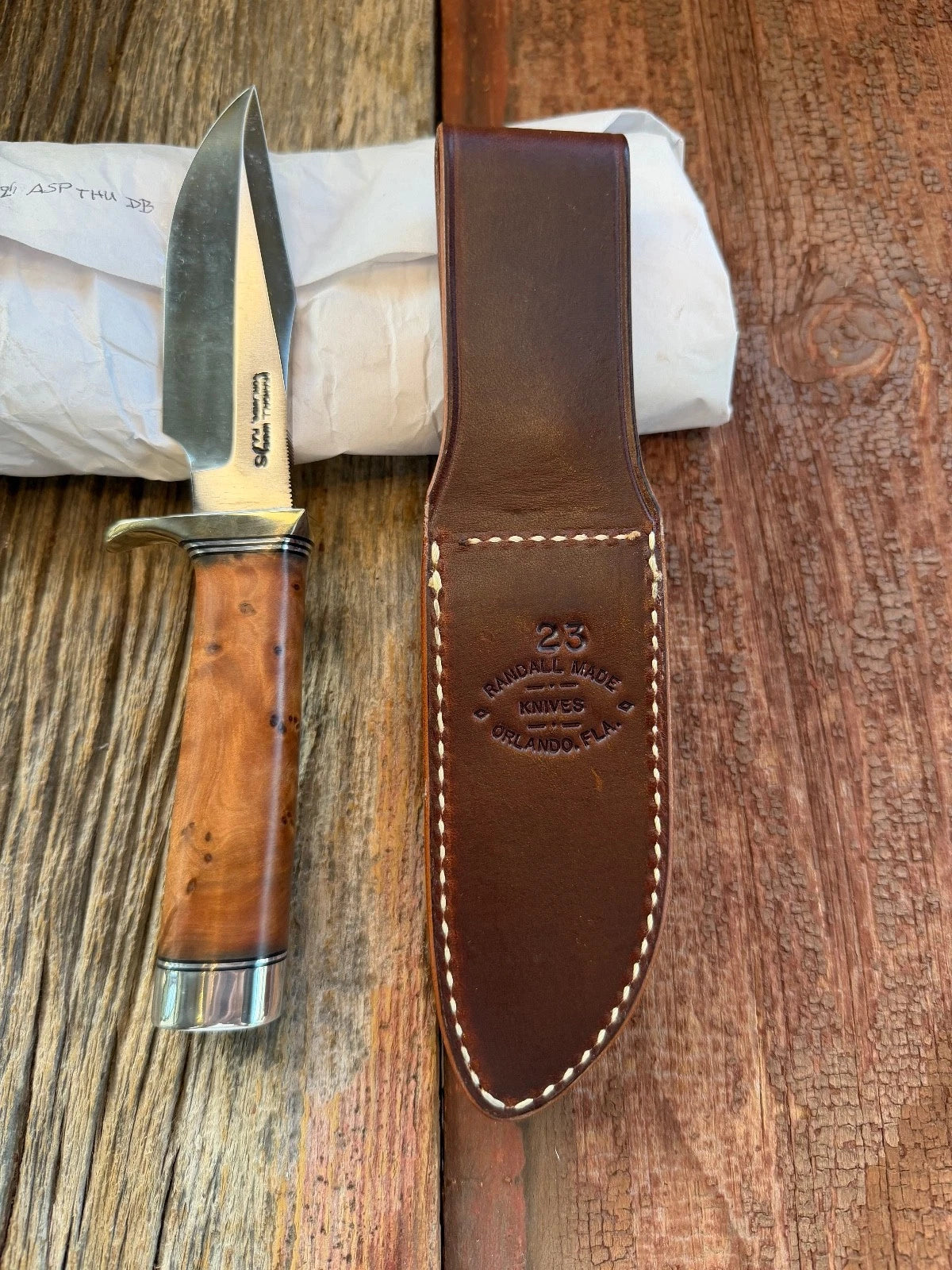 New Paper Randall Made Knife Model 23 Thuya Burl Wood Stainless Nickel Hilt