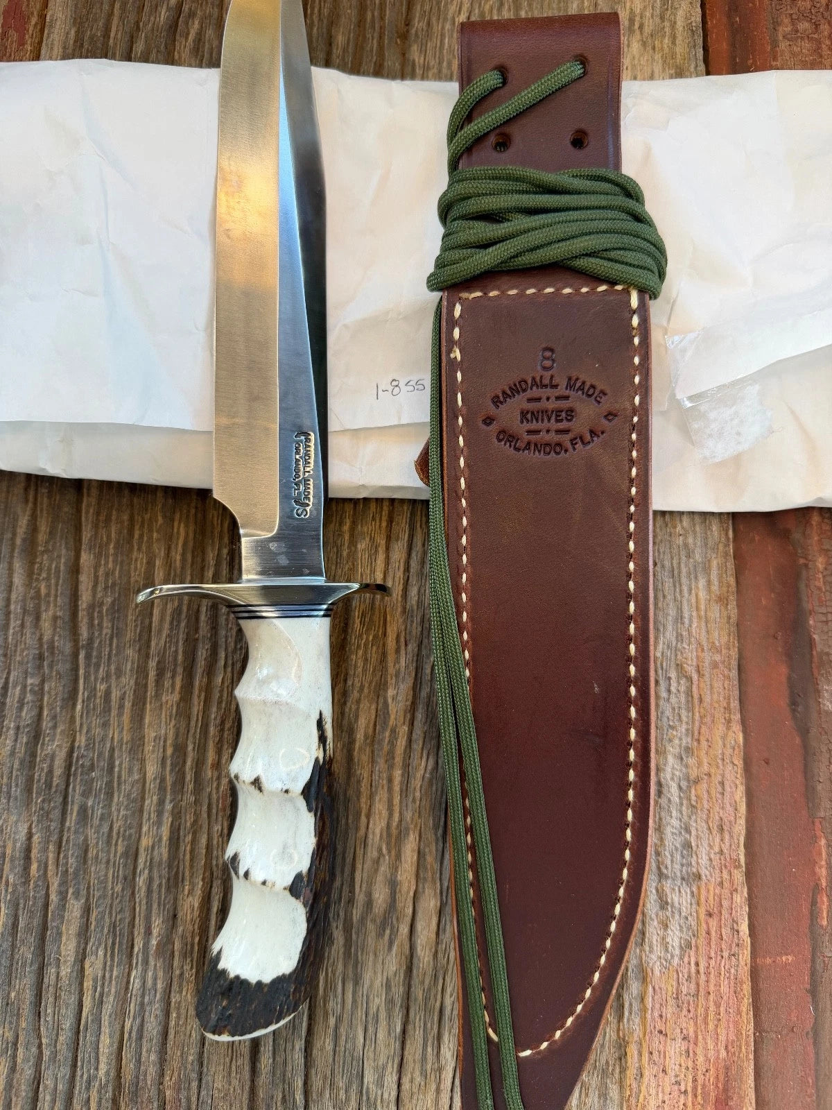 New in Paper Randall Made Knife Model 1-8 Stag Finger Grooves Stainless Nickel Hilt