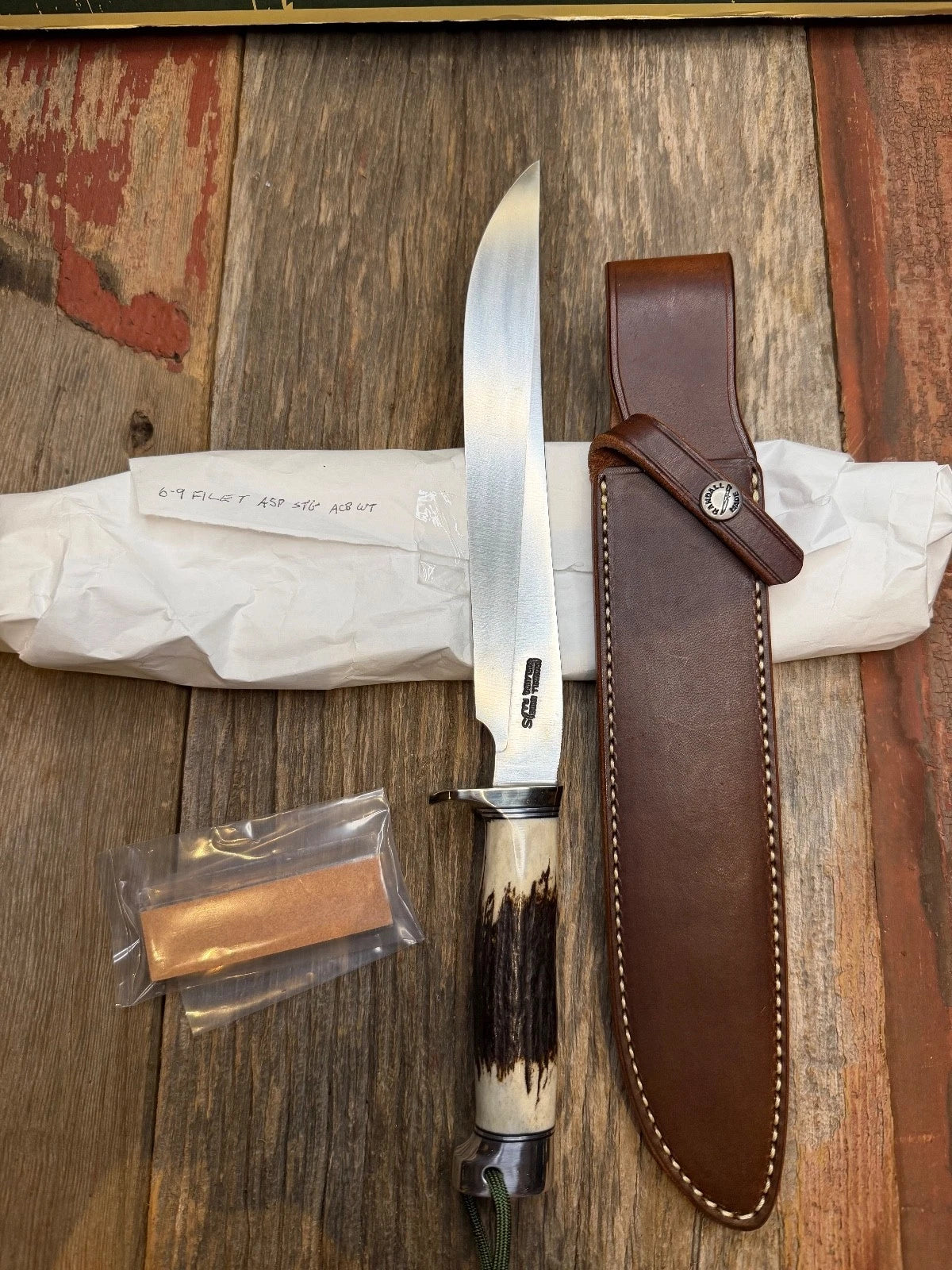 New in Paper Randall Made Knife Model 6-9 Stag Filet Steak Stainless Nickel Hilt