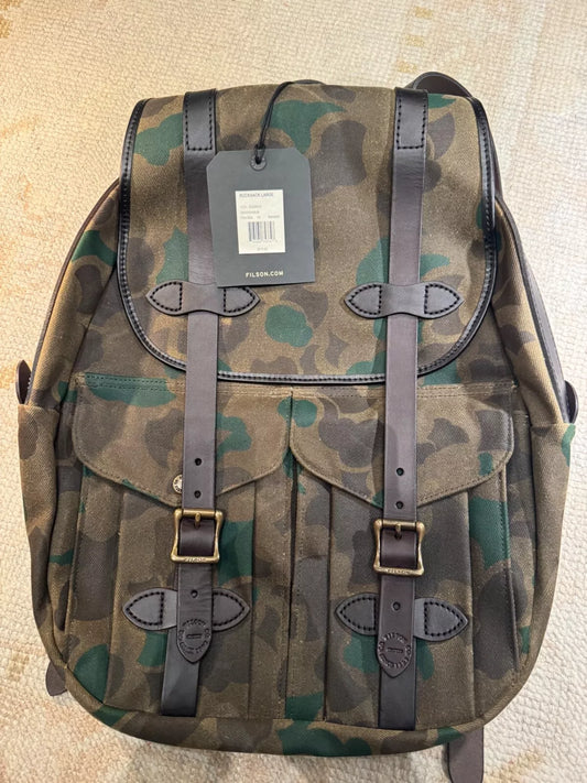 FILSON LARGE WAXED RUGGED TWILL RUCKSACK BACKPACK DARK WAX SHRUB CAMO - NWT USA
