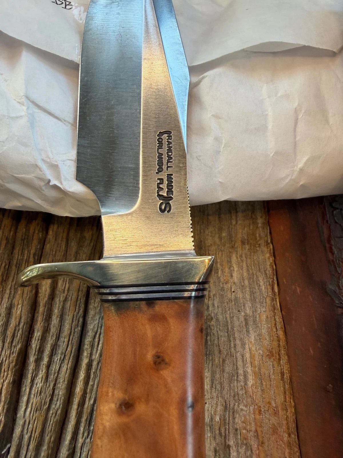 New Paper Randall Made Knife Model 23 Thuya Burl Wood Stainless Nickel Hilt
