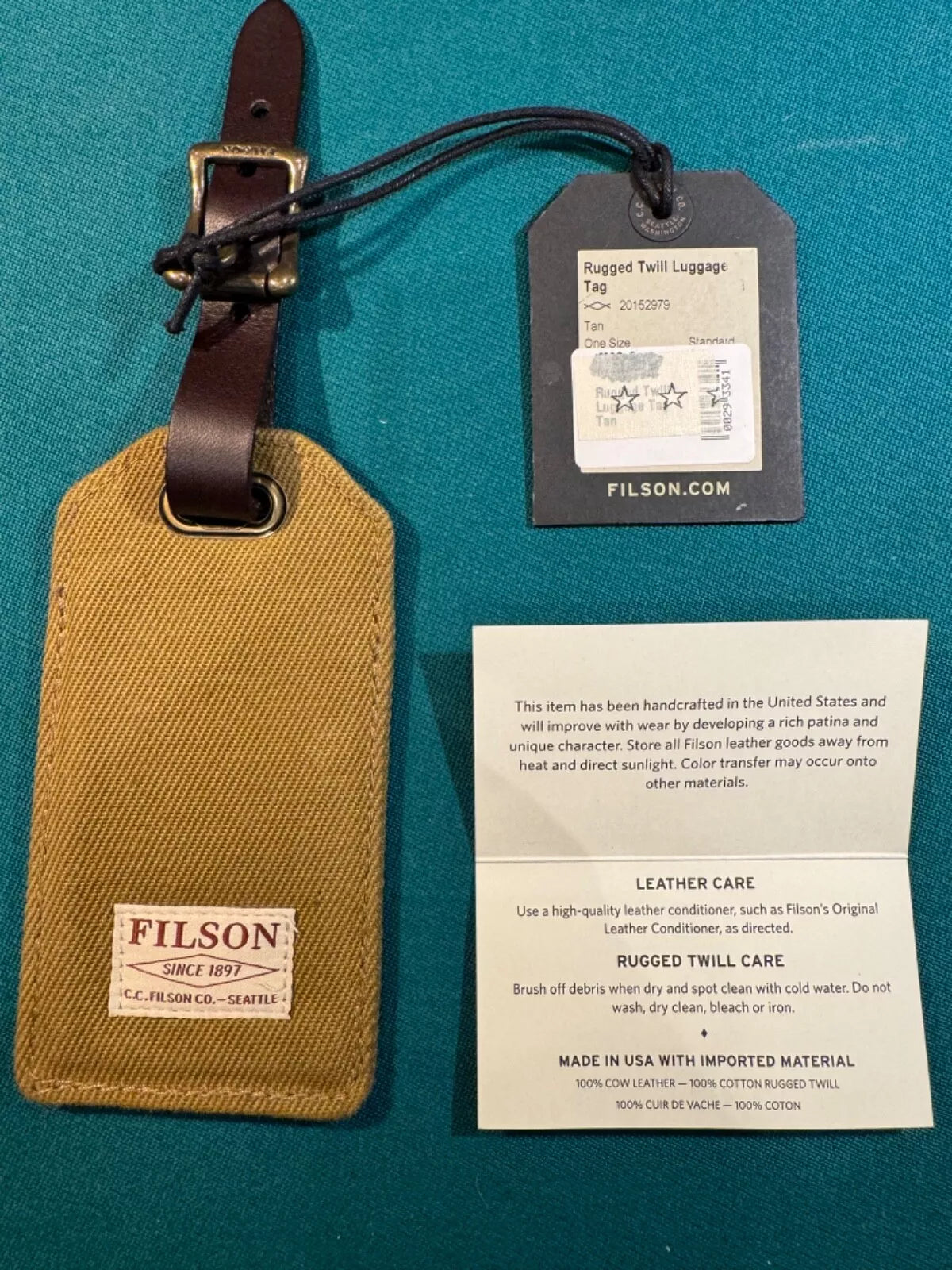 FILSON RUGGED TWILL LUGGAGE TAG Tan Rare New with Tags 20152979 Mint
