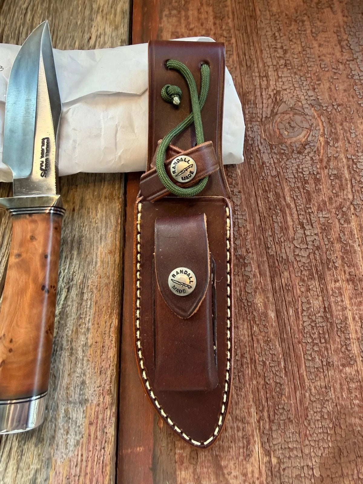 New Paper Randall Made Knife Model 23 Thuya Burl Wood Stainless Nickel Hilt