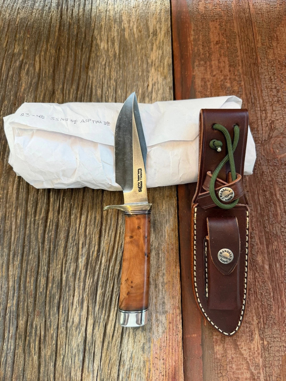 New Paper Randall Made Knife Model 23 Thuya Burl Wood Stainless Nickel Hilt