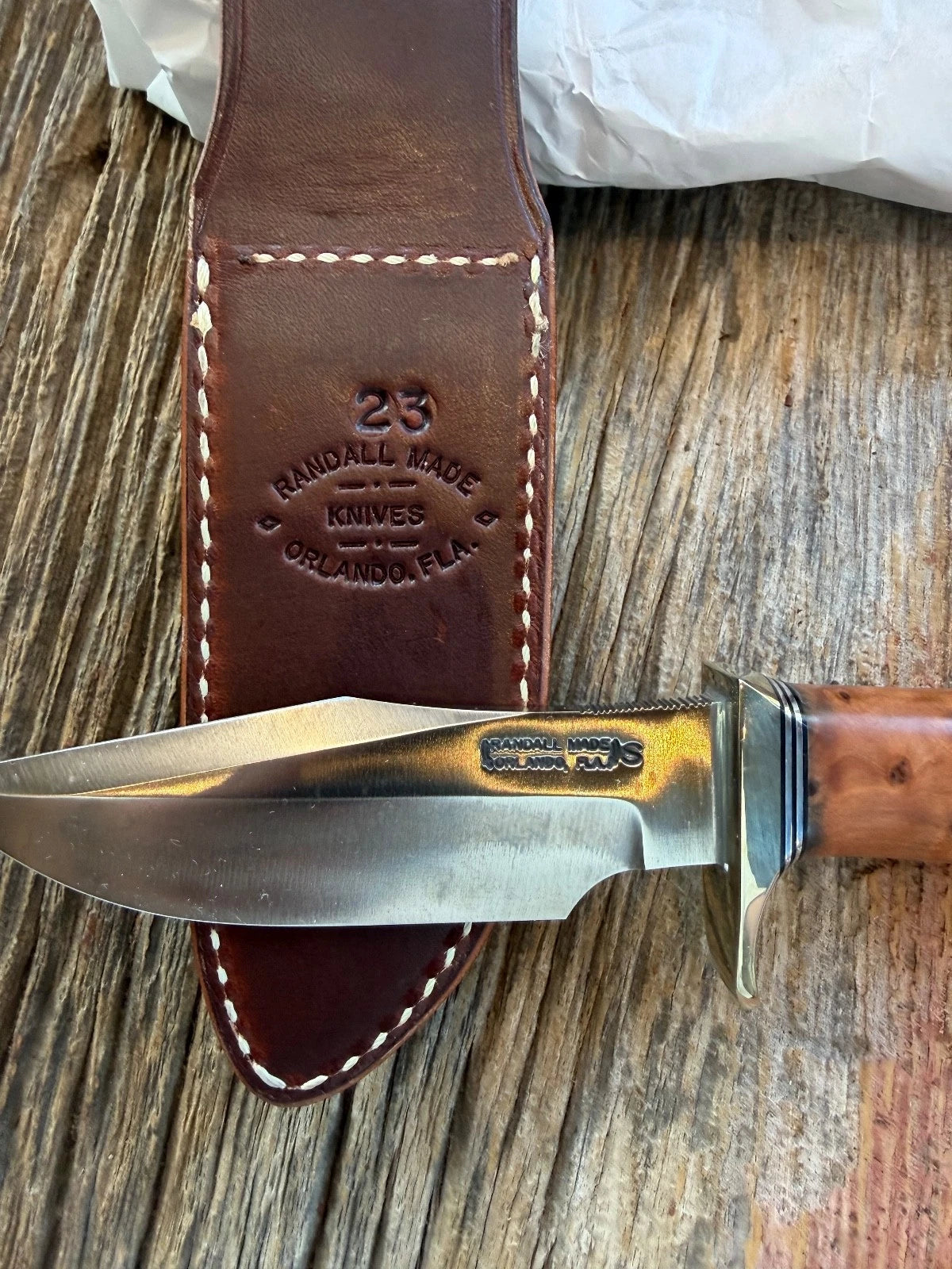 New Paper Randall Made Knife Model 23 Thuya Burl Wood Stainless Nickel Hilt