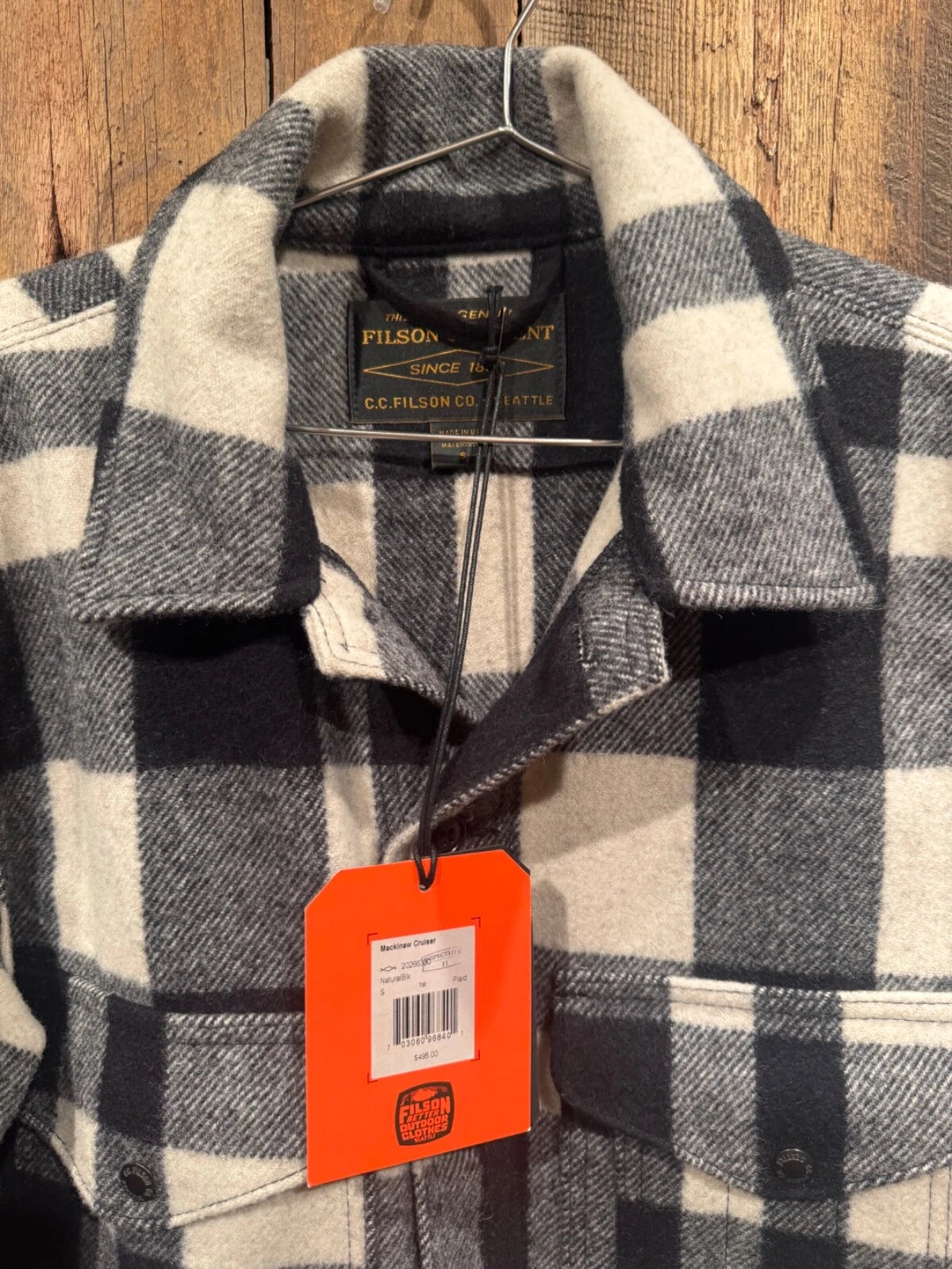 Filson Mackinaw Wool Cruiser Jacket Natural & Black Plaid Mens NWT Large