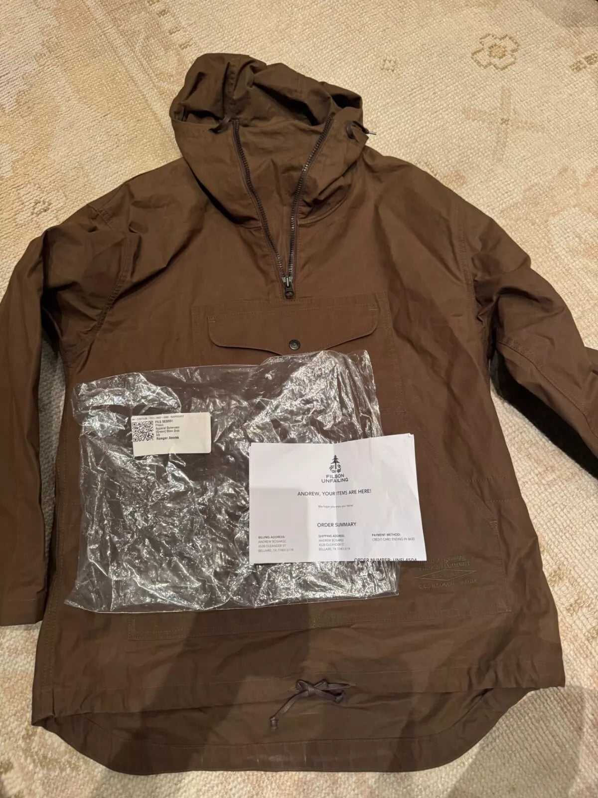 Filson Ranger Anorak 20248770 New Olive Drab Waxed Dark Pullover Size X Small