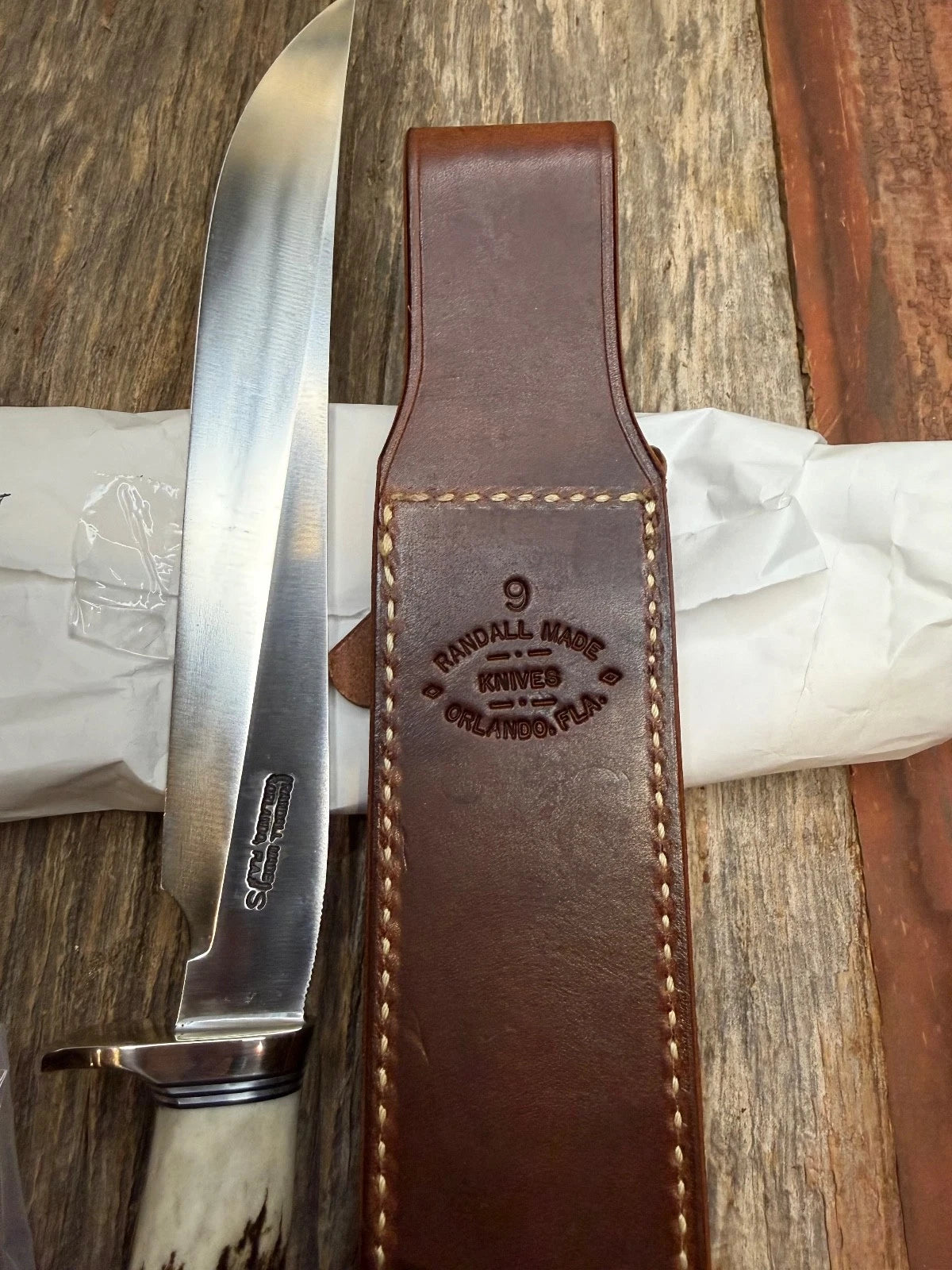 New in Paper Randall Made Knife Model 6-9 Stag Filet Steak Stainless Nickel Hilt