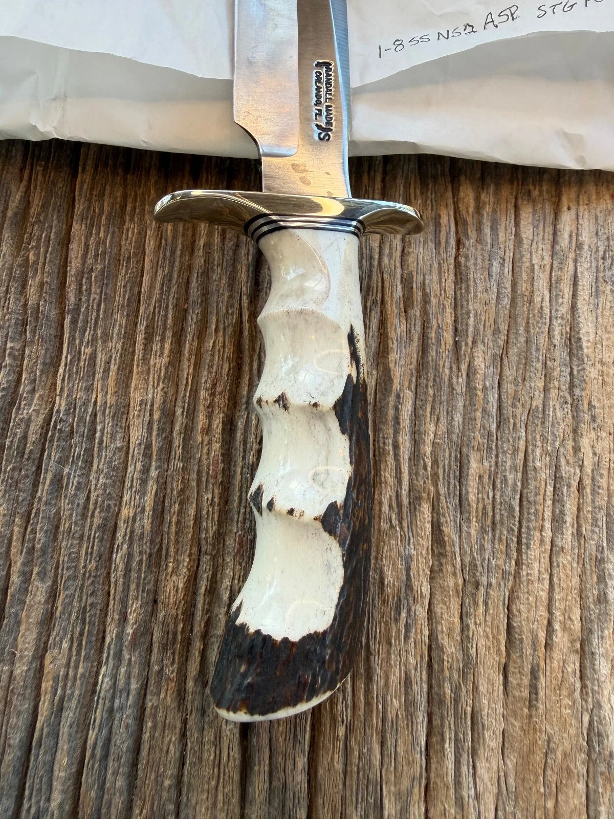 New in Paper Randall Made Knife Model 1-8 Stag Finger Grooves Stainless Nickel Hilt