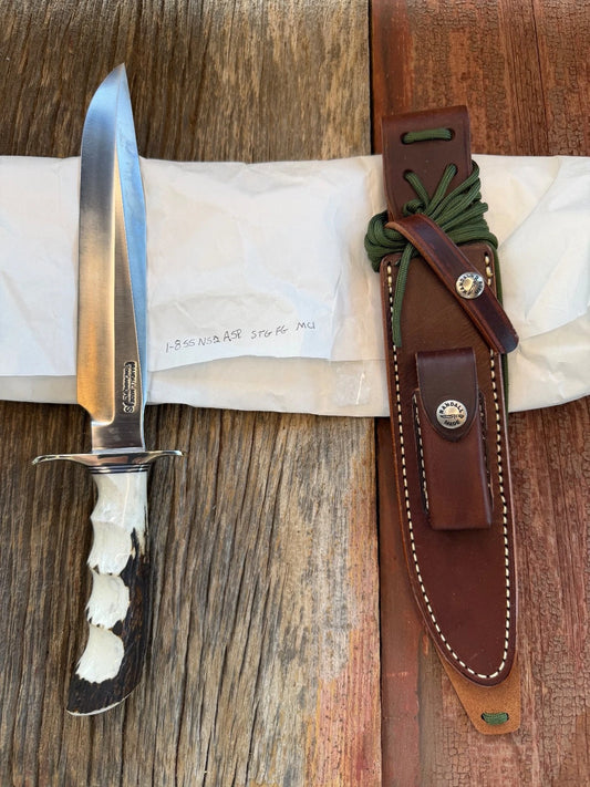 New in Paper Randall Made Knife Model 1-8 Stag Finger Grooves Stainless Nickel Hilt