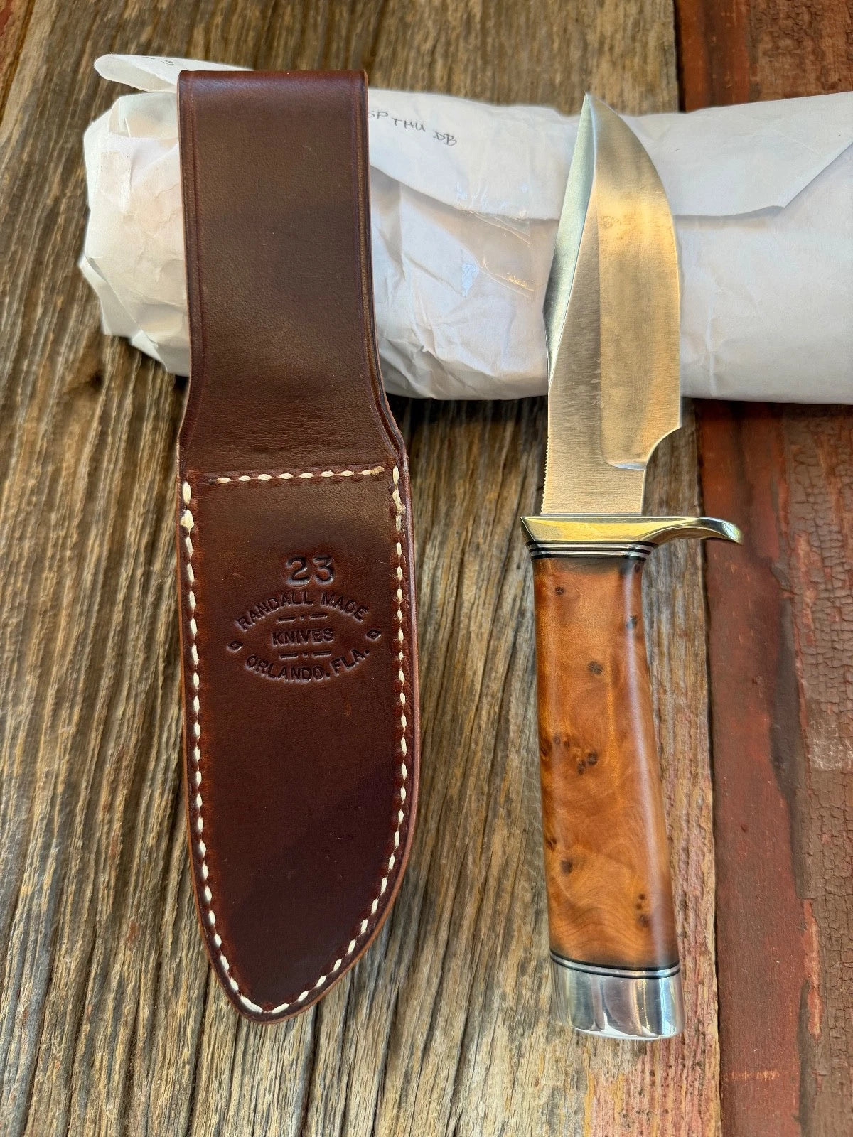 New Paper Randall Made Knife Model 23 Thuya Burl Wood Stainless Nickel Hilt